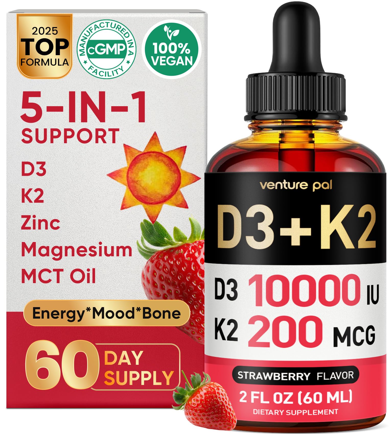 Venture Pal flacon vitamine-D3-K2, soutien des os et de l'humeur.