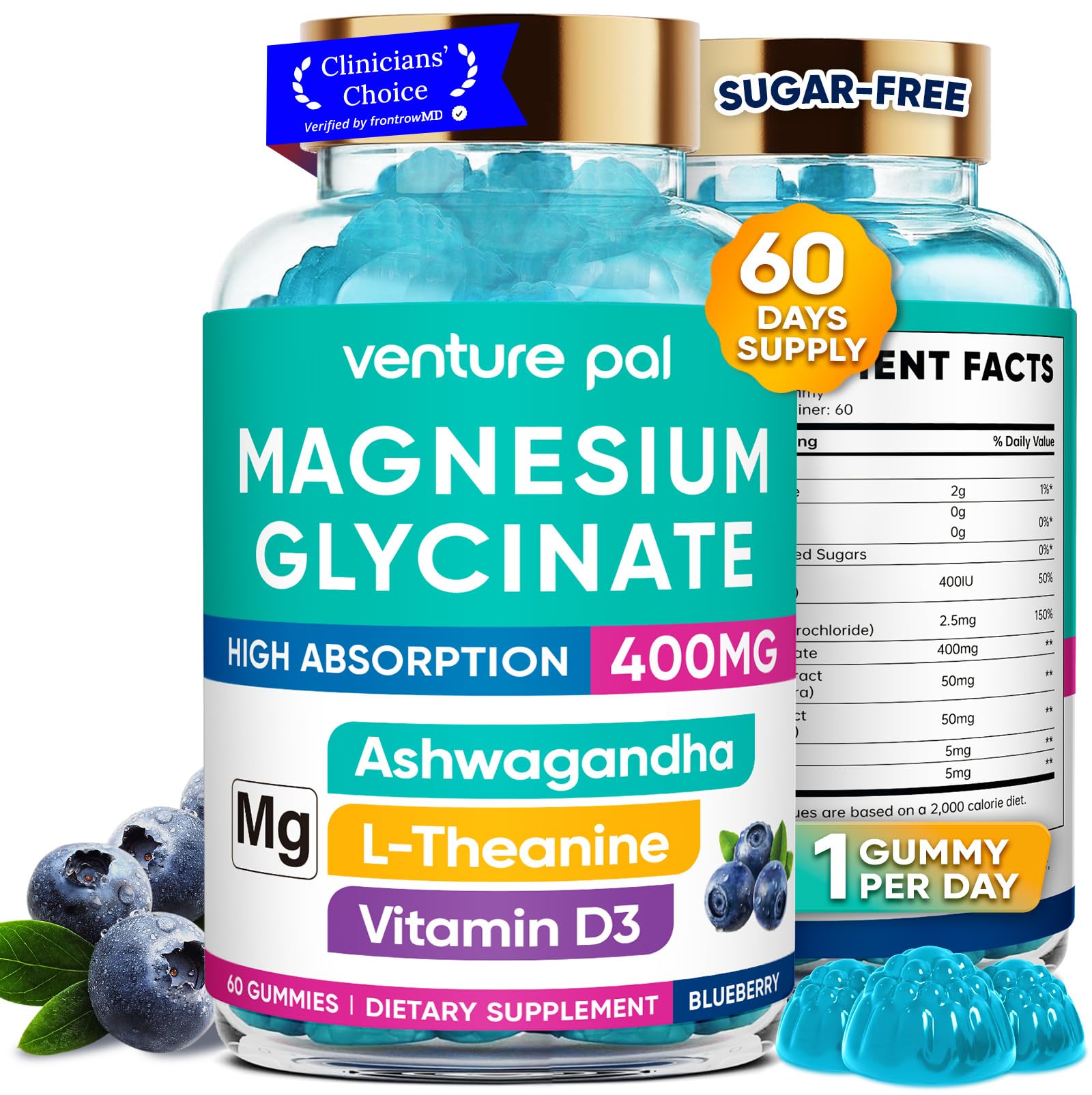 Venture Pal gommes magnésium 400 mg avec Ashwagandha pour soutien quotidien.
