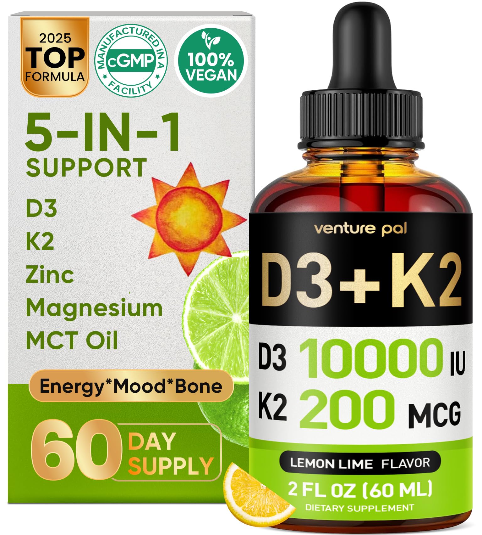 Gouttes Venture Pal D3 et K2 dans bouteille, soutien potentiel énergie et os.