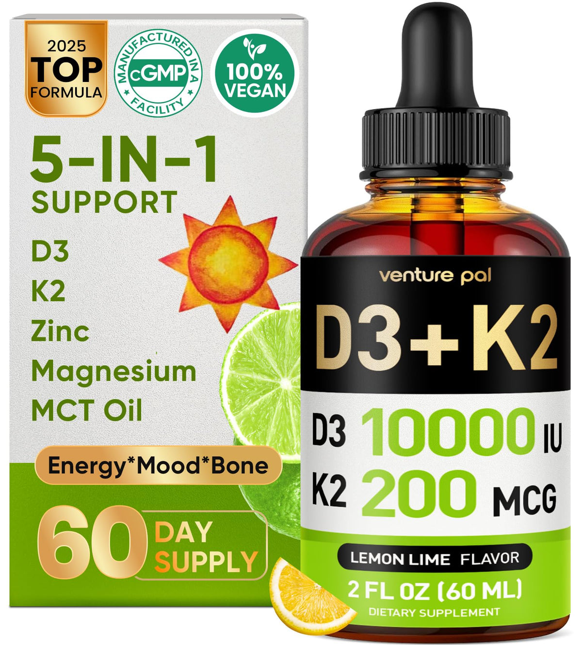 Gouttes Venture Pal D3 et K2 dans bouteille, soutien potentiel énergie et os.