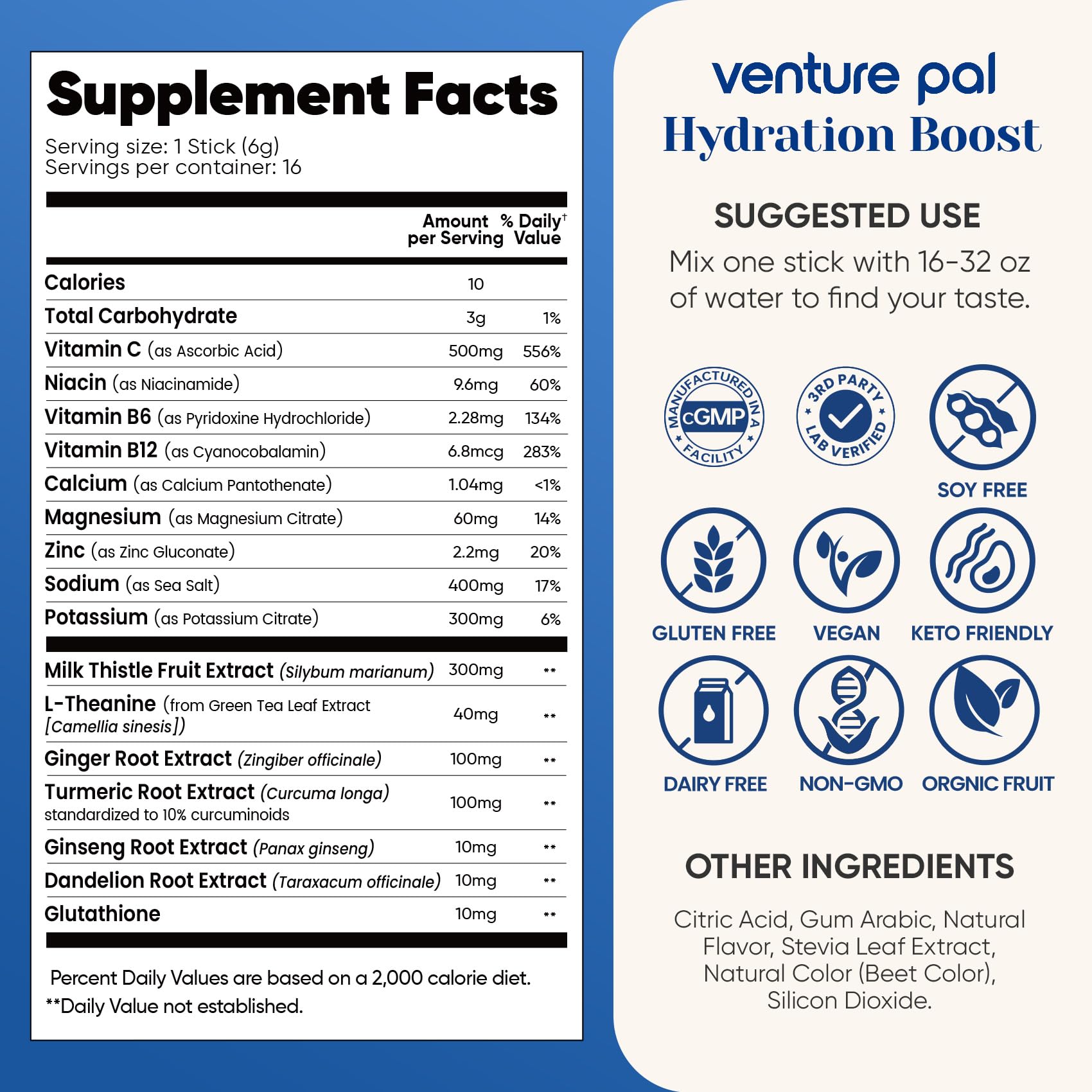 Venture Pal hydratation keto et vegan, zéro sucre.