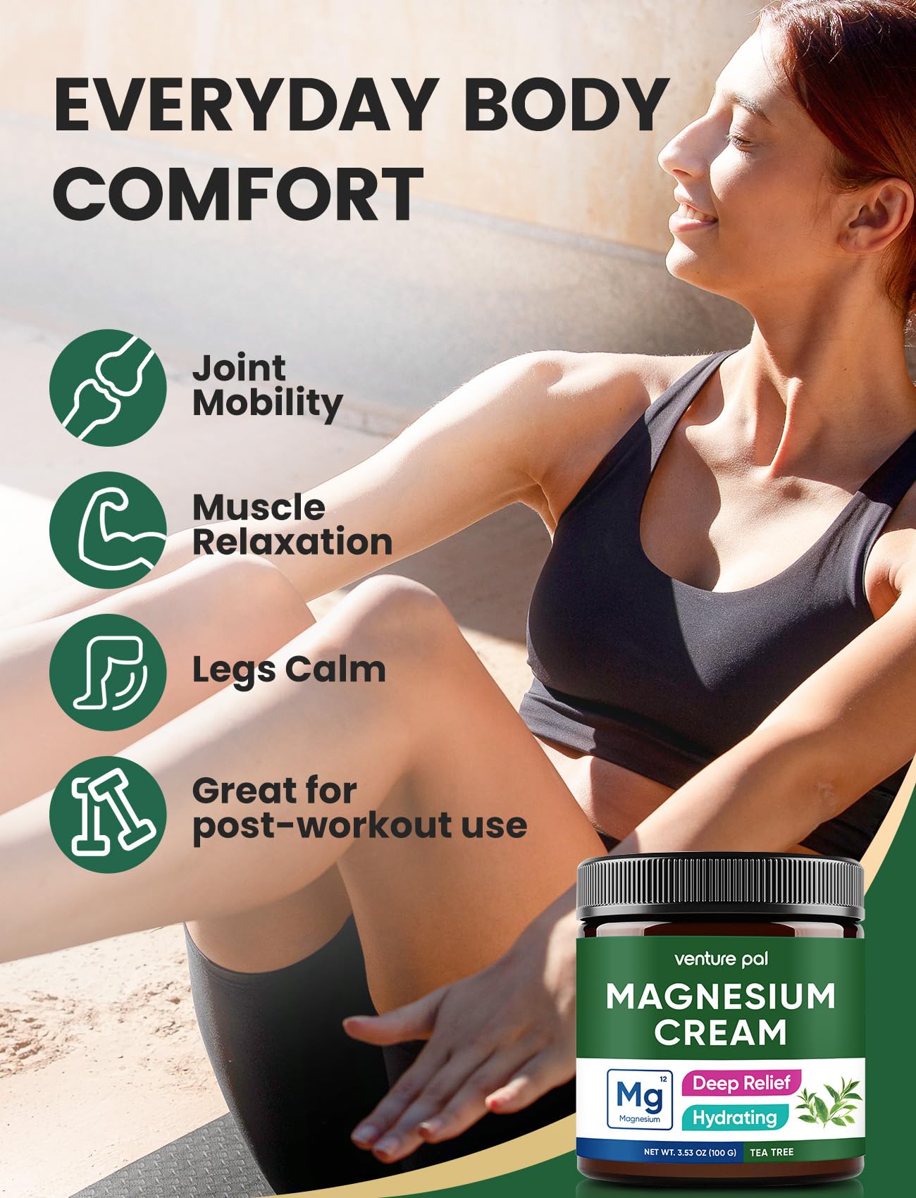 Lotion Magnésium Venture Pal, hydratation peau jusqu'à 48 heures, texture légère.