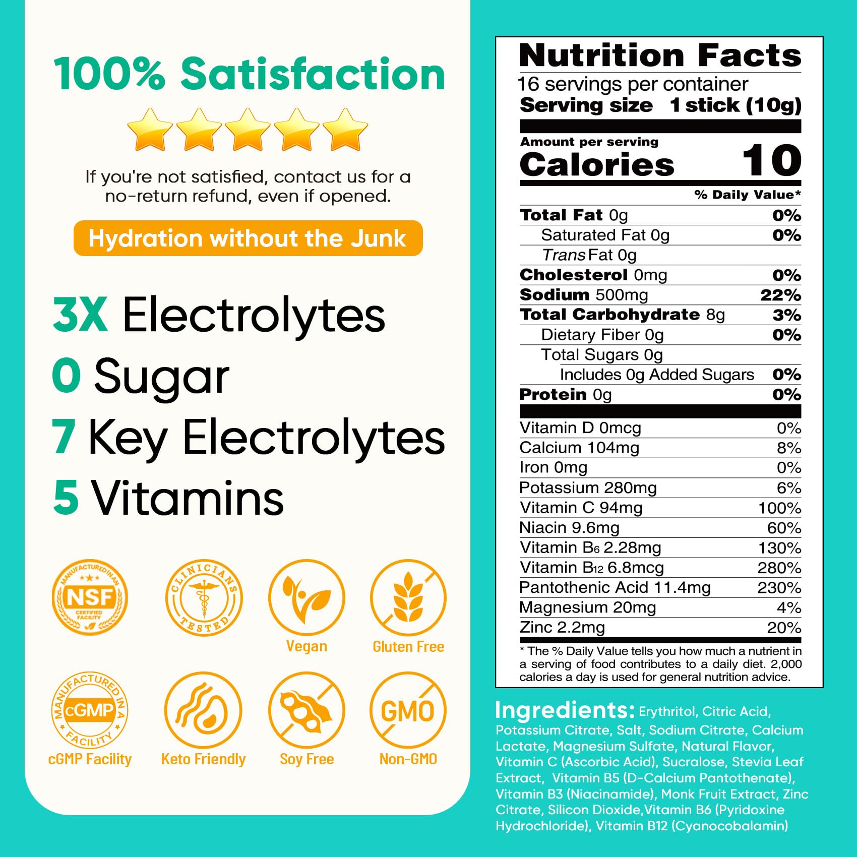 Venture Pal sachets Electrolytes sans sucre: dosage pratique pour boire n'importe quand.