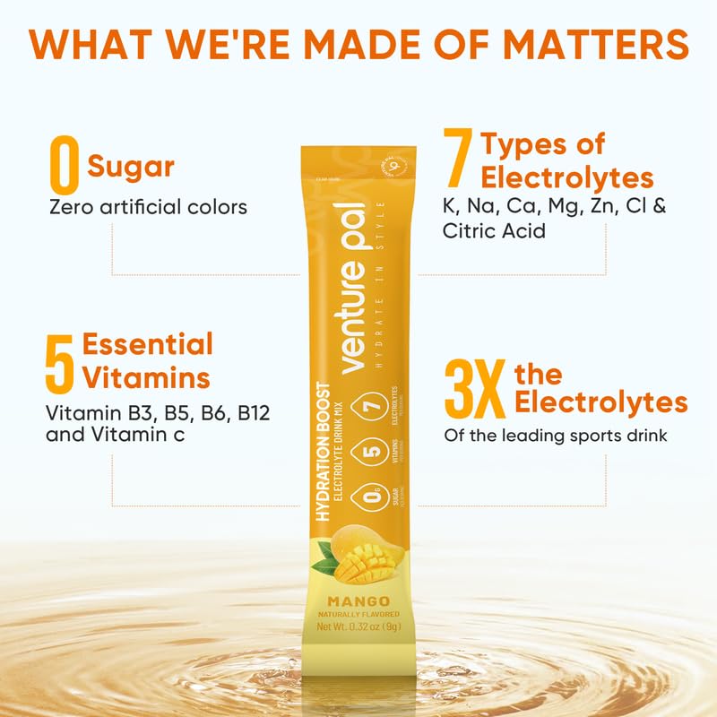Sachets Venture Pal vitamine‑électrolytes, soutien nutritionnel quotidien.
