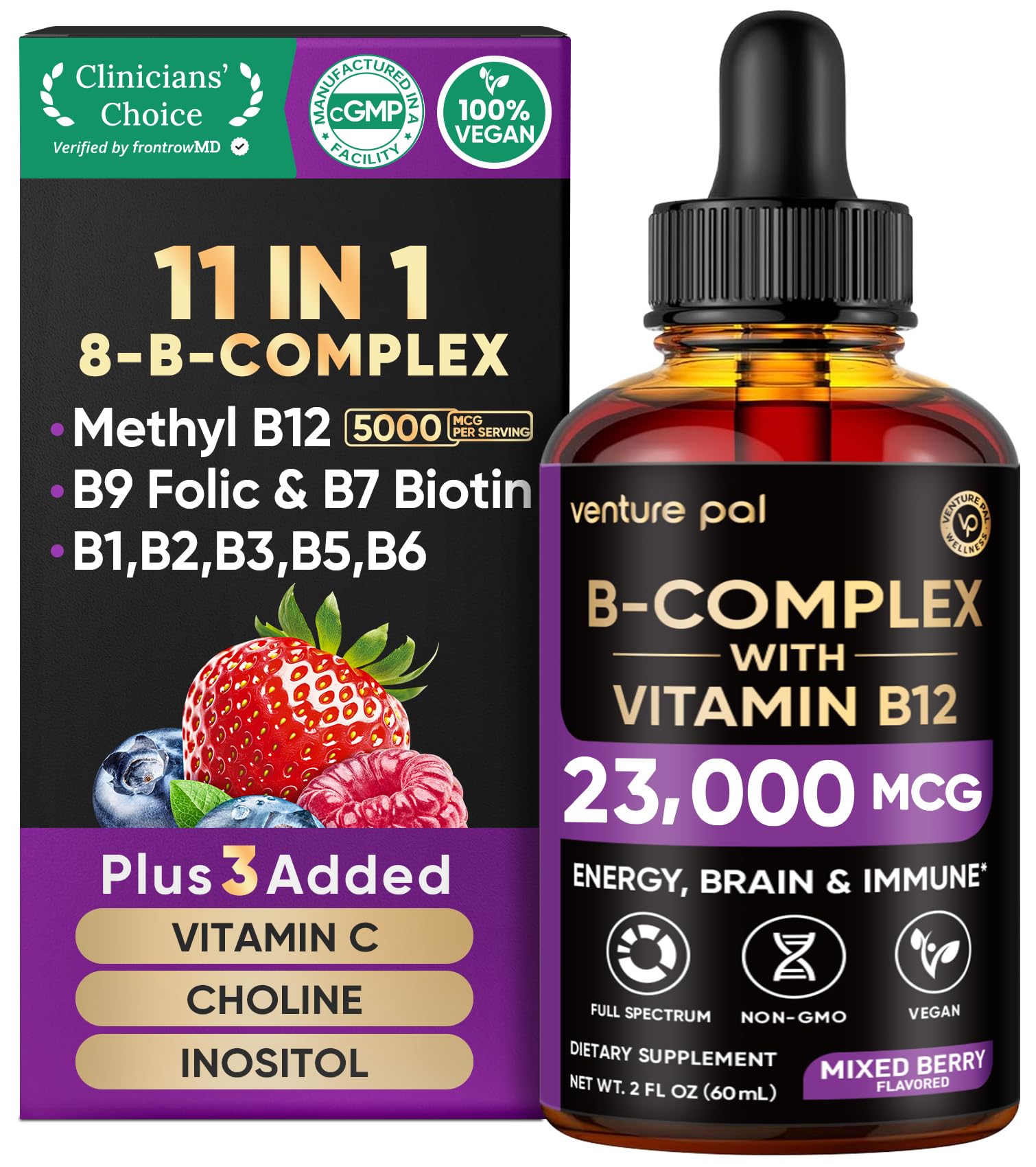 Venture Pal B Complex Liquide sur bouteille, dosage pratique pour le quotidien.