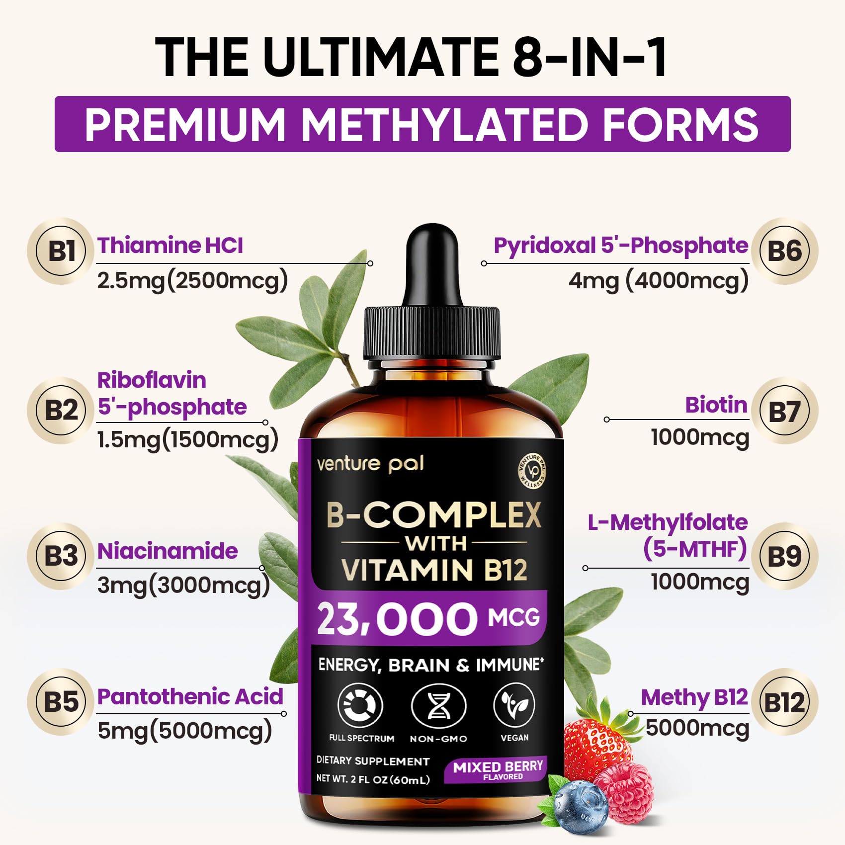 Vue du dosage quotidien Venture Pal B Complex pour intégration facile.
