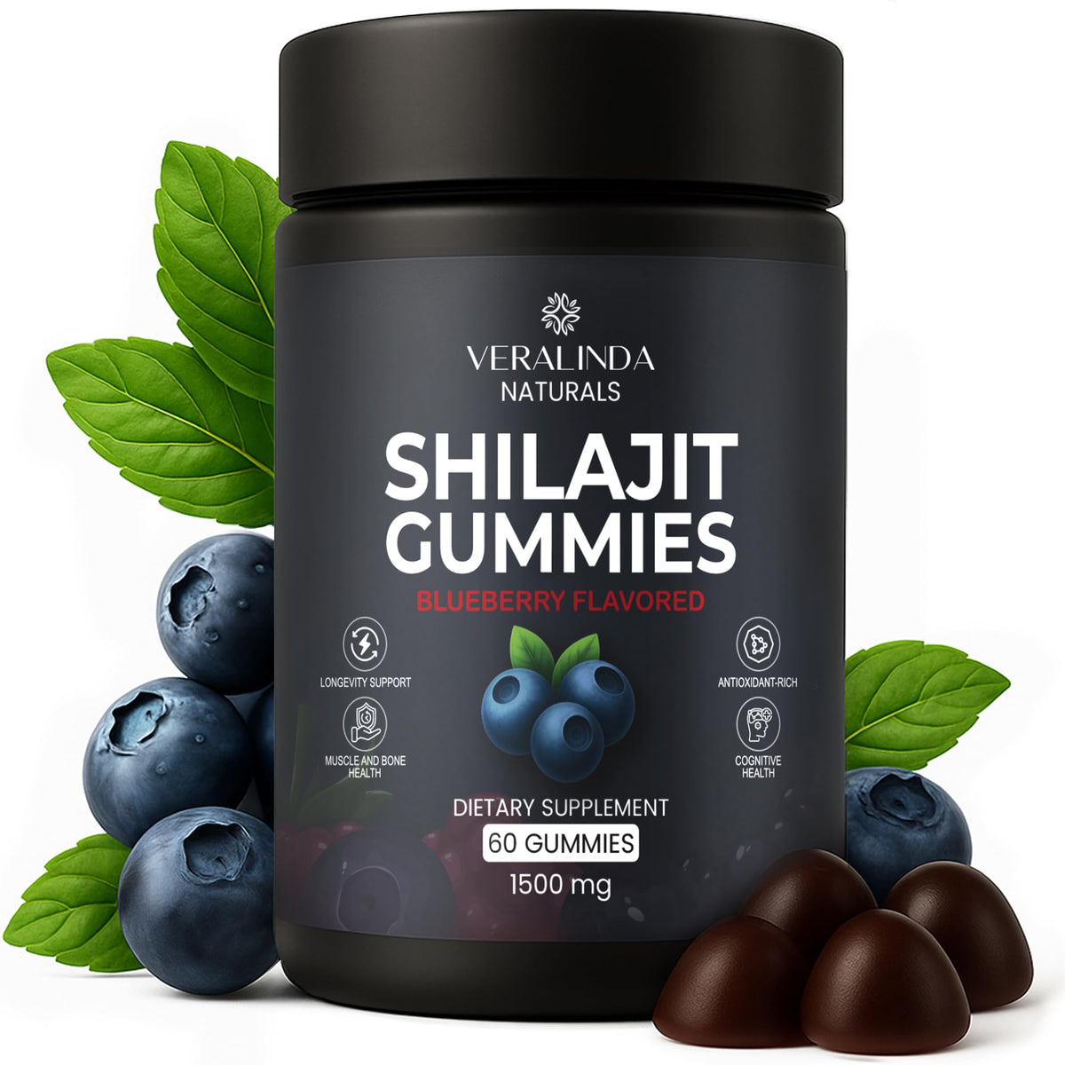 Gommes Shilajit Veralinda Naturals en bouteille pratique pour l'usage quotidien