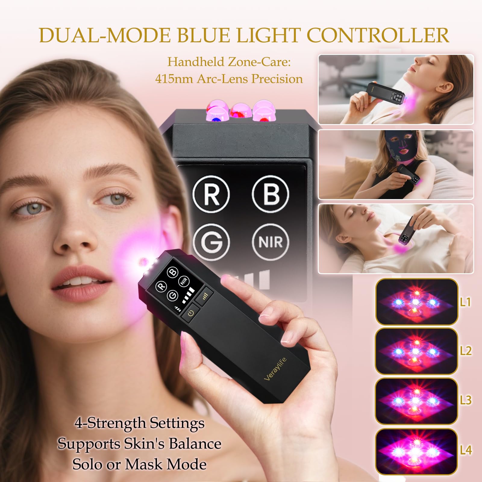 Veraylife masque LED visage en silicone doux avec sangle ergonomique pour le confort.