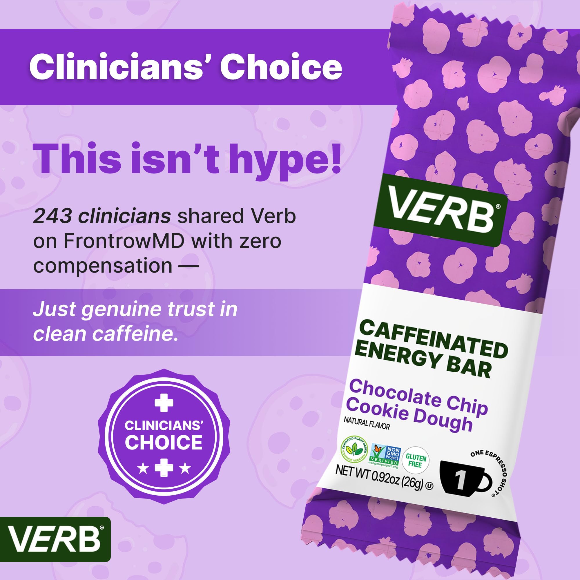 Barre Verb Énergétique Chocolat et Pépites Pâte Biscuit, caféine naturelle pour la concentration.