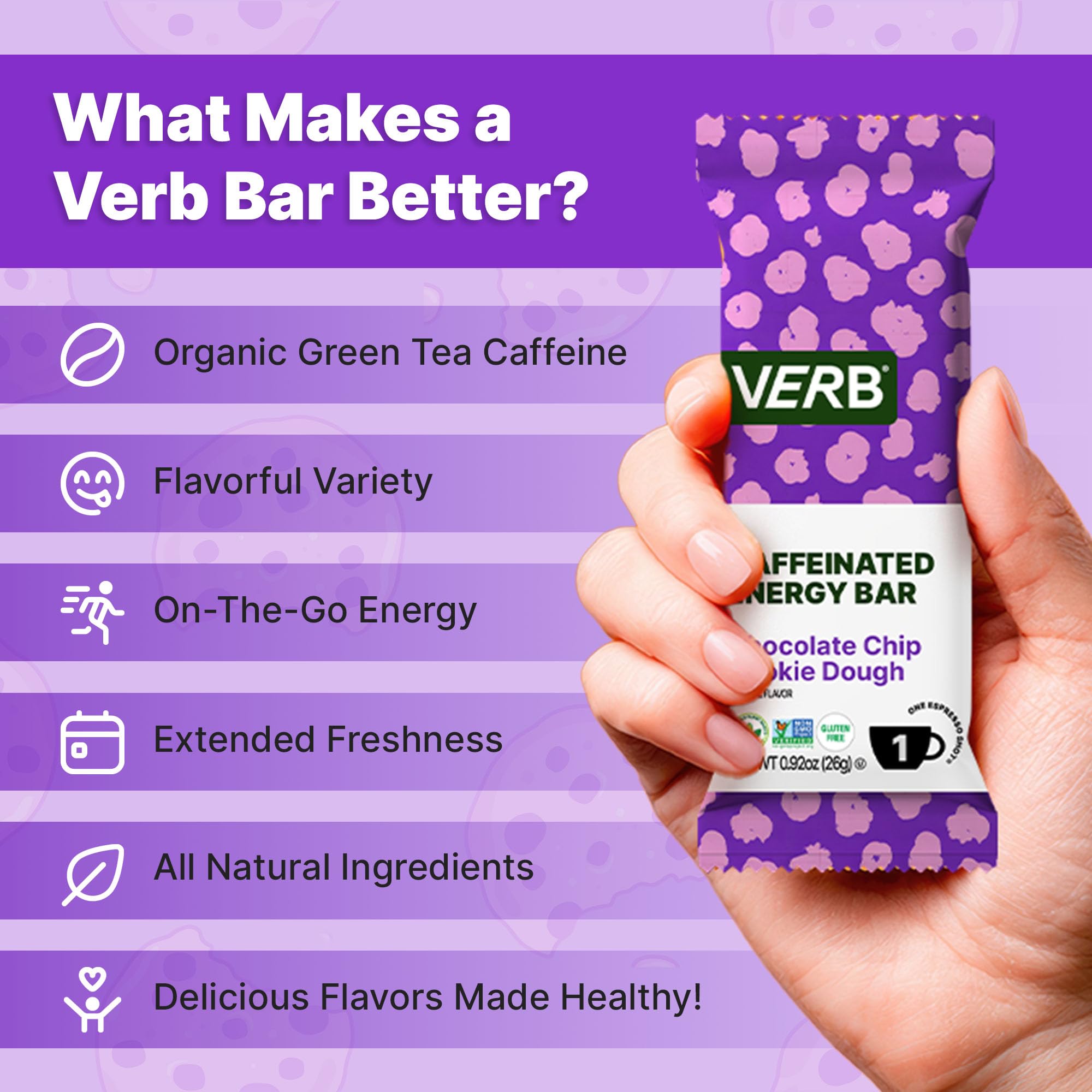 Barre Verb Énergétique Chocolat et Pépites Pâte Biscuit, idéale en déplacement.