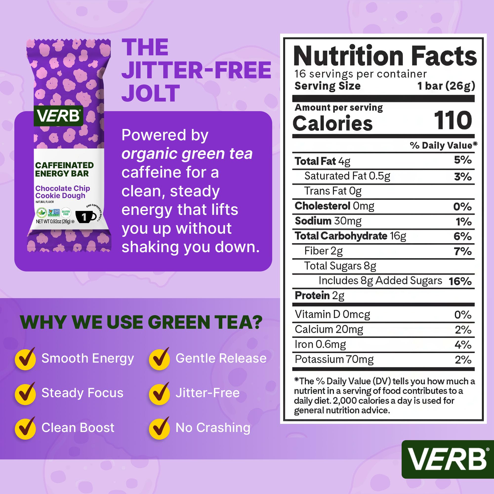 Barre Verb Énergétique Chocolat et Pépites Pâte Biscuit, ingrédients simples et sans gluten.