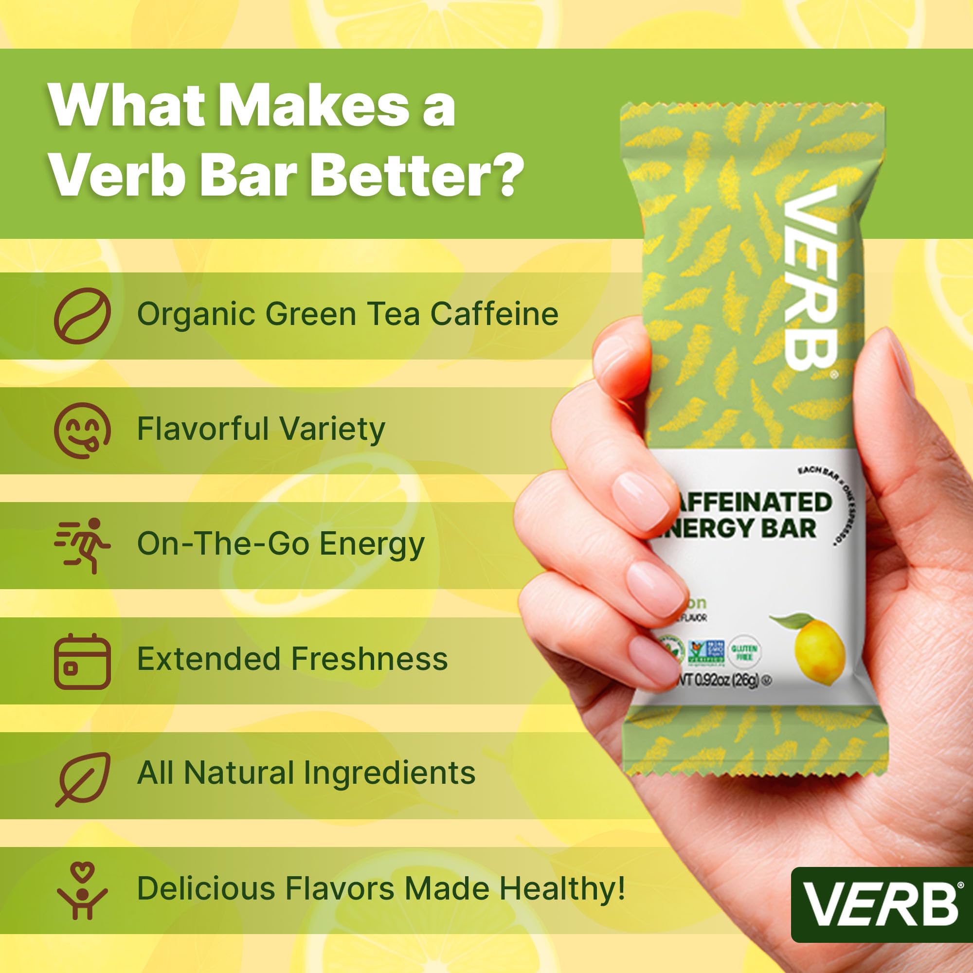 Verb Barre Énergie Citron caféine issue du thé vert, énergie douce et continue.
