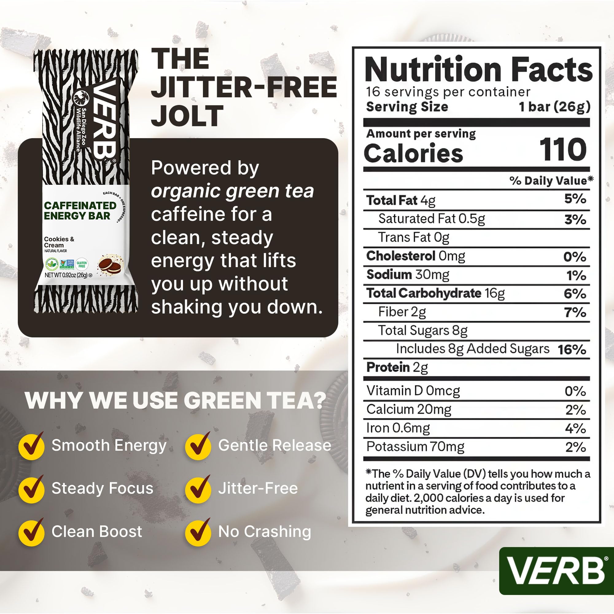 Verb Barres Énergétiques Cookies et Creme – barre en gros plan, goût chocolat-cookie.