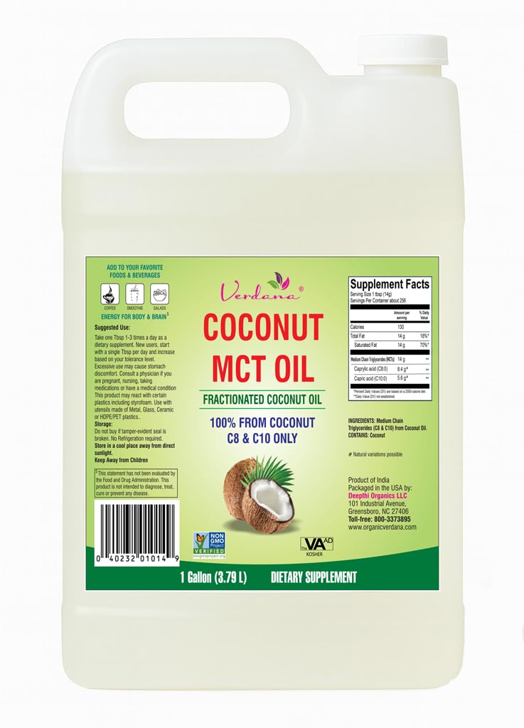 Verdana MCT Oil – bouteille coco 1 galon, pratique pour cuisiner.
