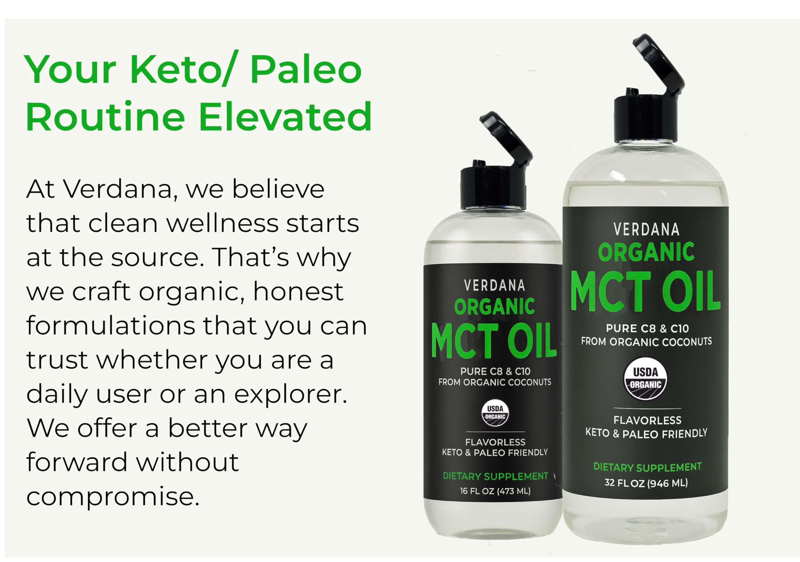 Verdana Organic MCT Oil : emballage pratique et prêt à l’emploi dans la cuisine.