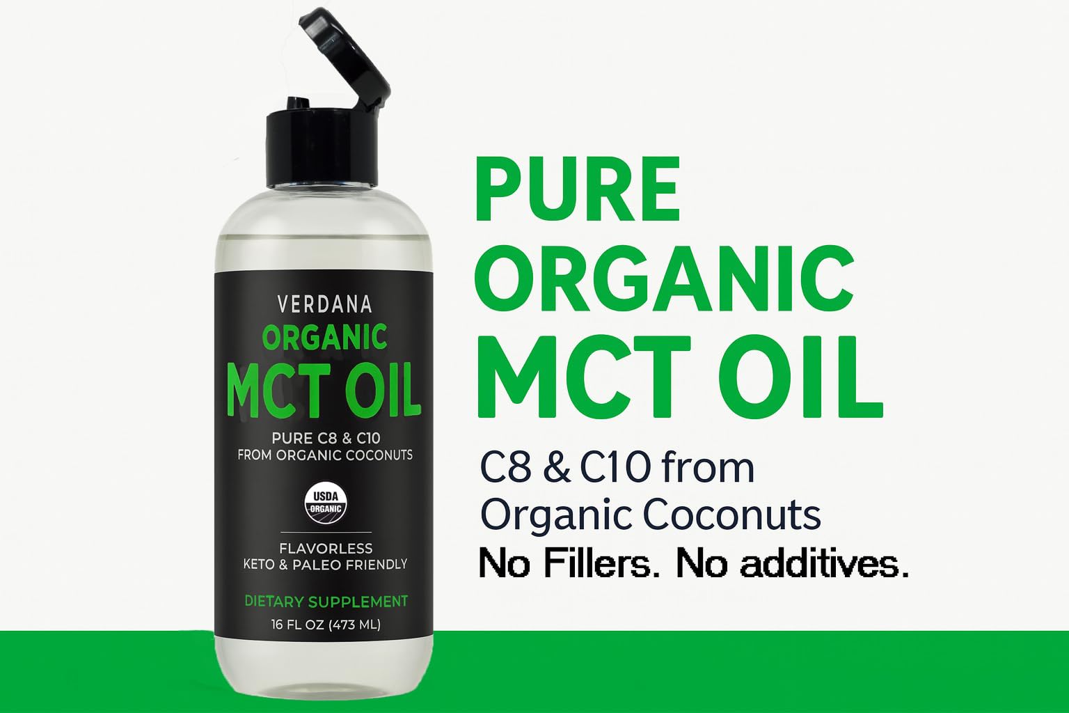 Verdana Organic MCT Oil : goutte fluide, facile à mélanger dans boissons.