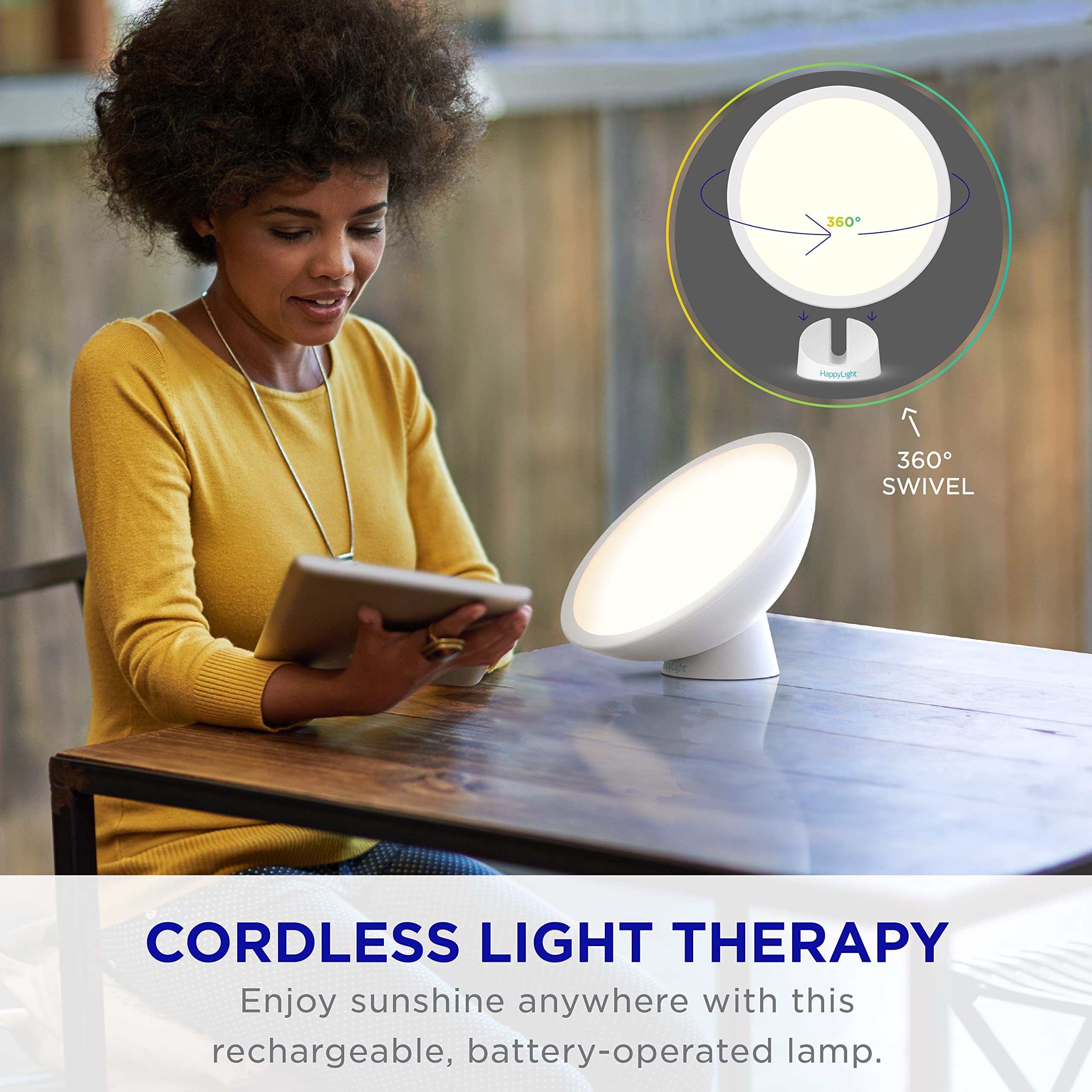 Verilux HappyLight Halo avec batterie rechargeable pour une utilisation sans fil.