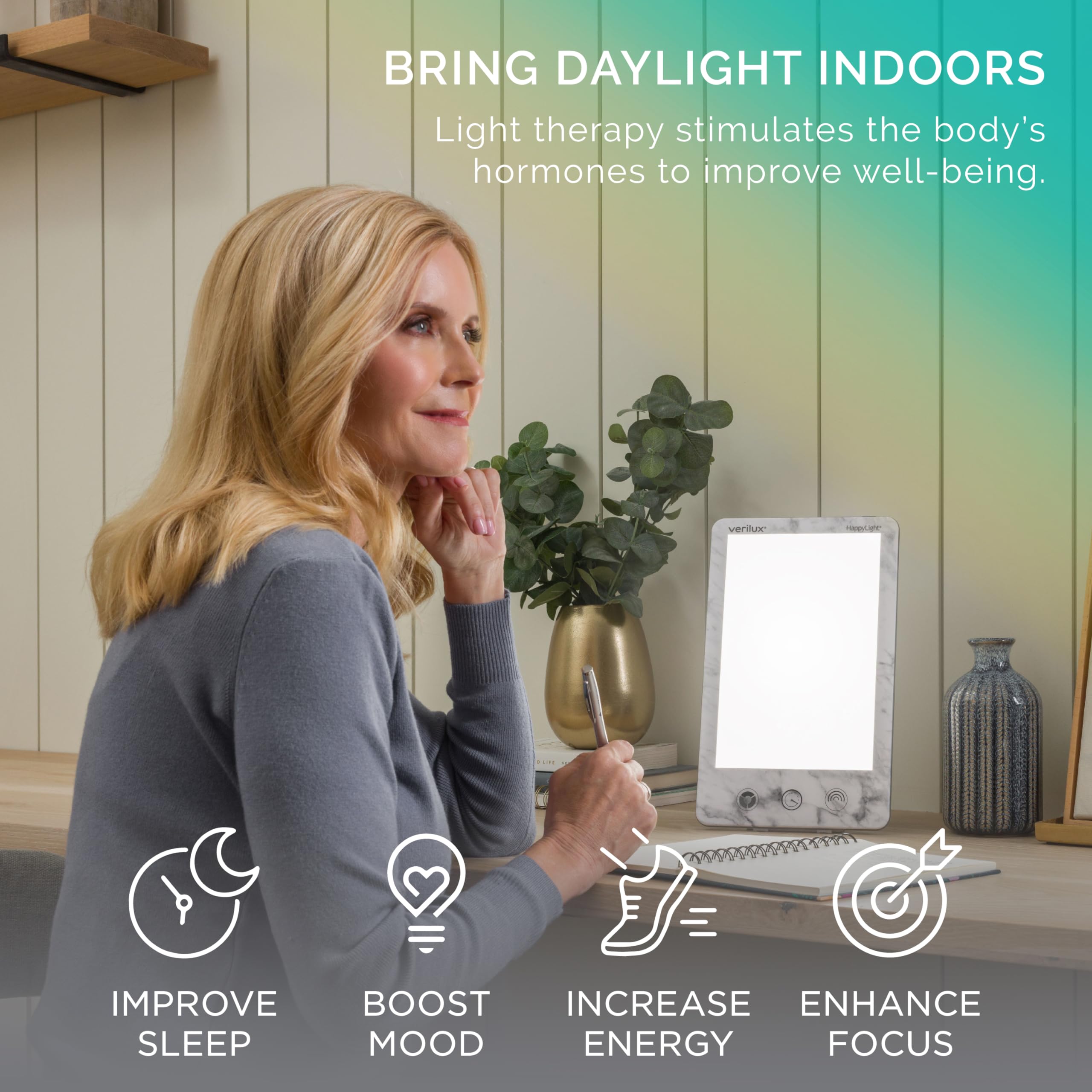 Verilux HappyLight Luxe : lumière LED blanche, intensité réglable pour sessions rapides.