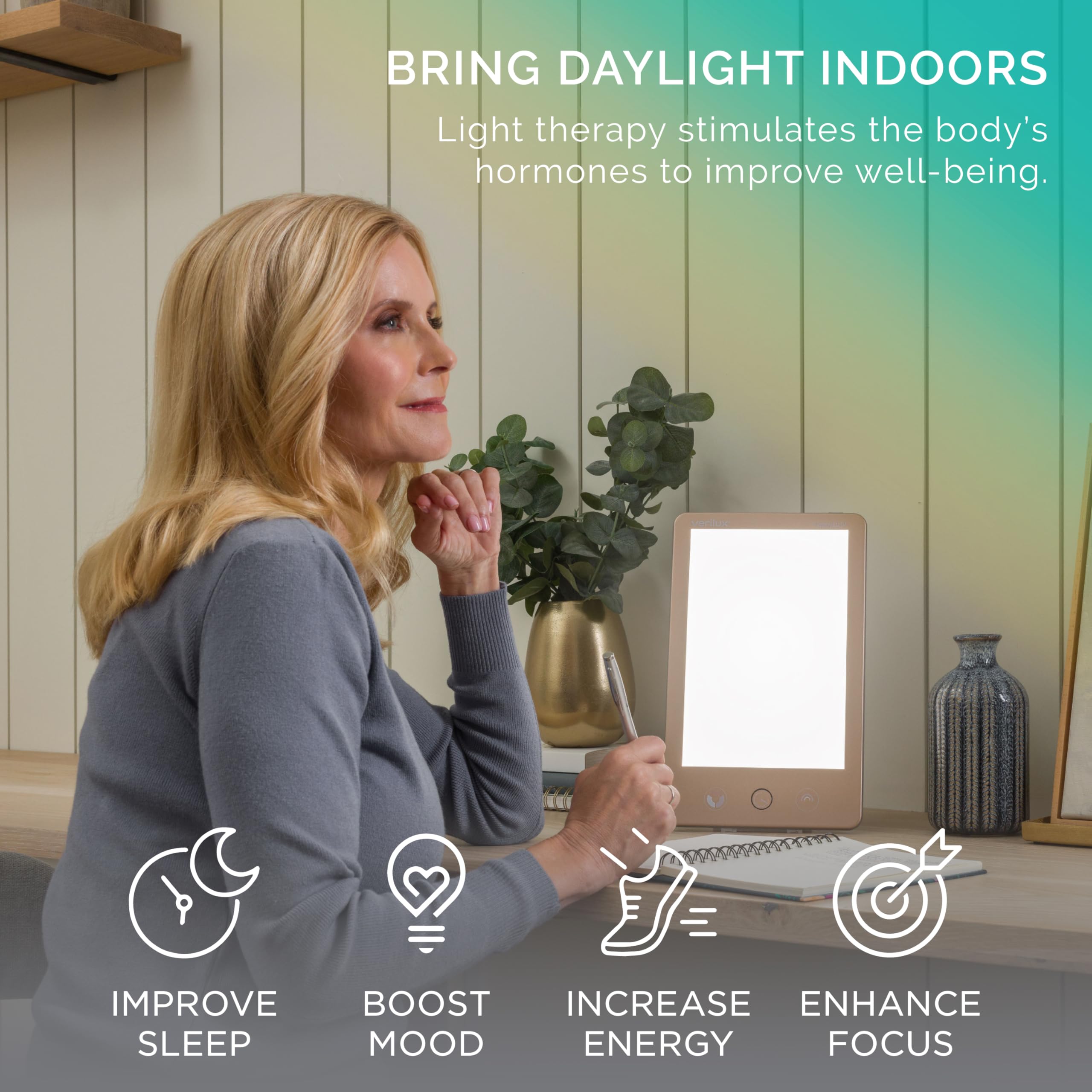 Verilux HappyLight Luxe: brillance réglable et température lumineuse pour confort visuel.