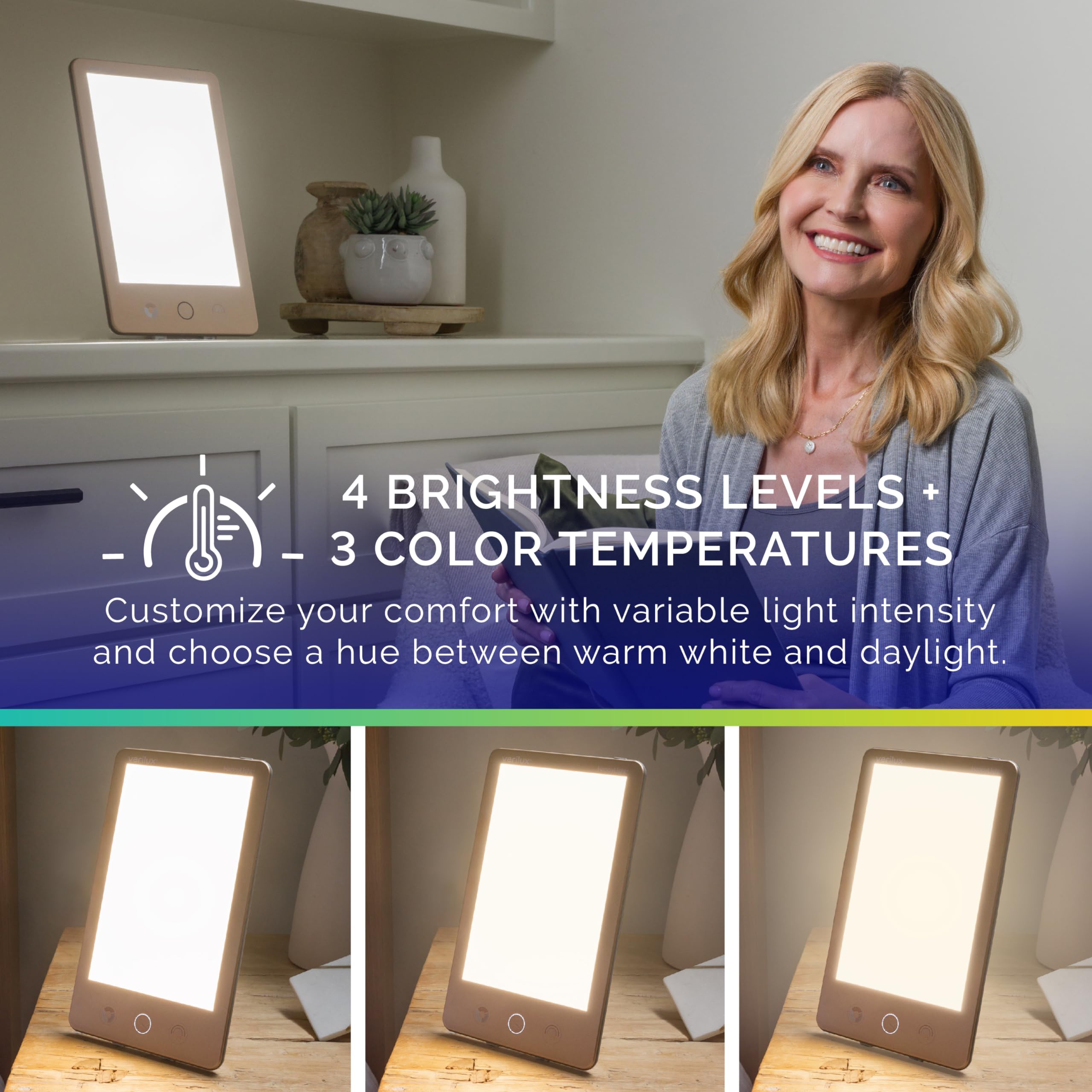 Verilux HappyLight Luxe: palette de couleurs personnalisable pour humeur et concentration.