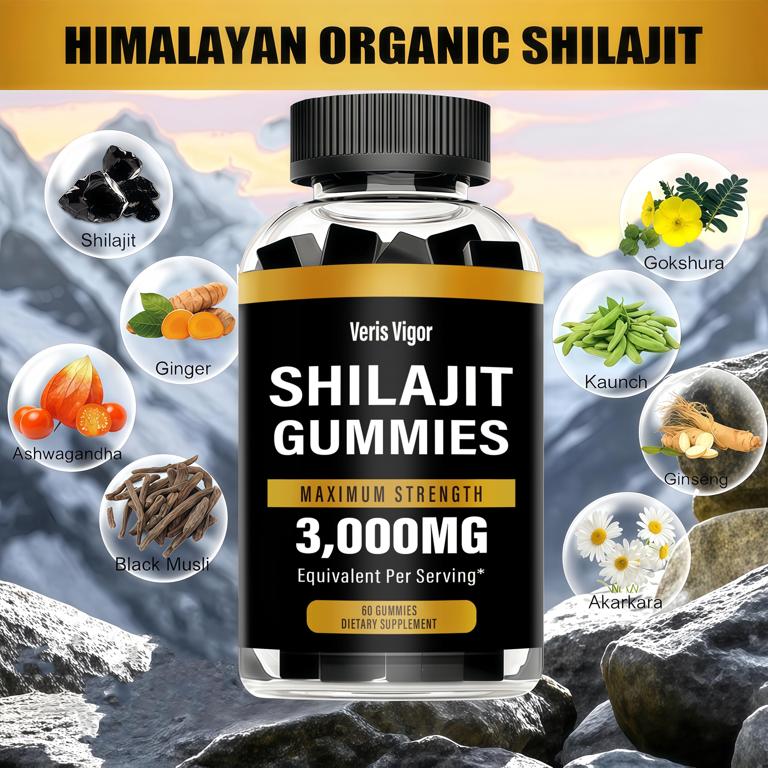 Boîte Veris Vigor Shilajit Gomme affichant l’étiquette et la traçabilité.