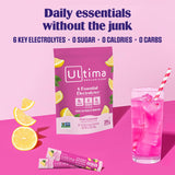 Verre d'eau avec sachets Ultima Replenisher citron-rose, hydratation légère et naturelle.