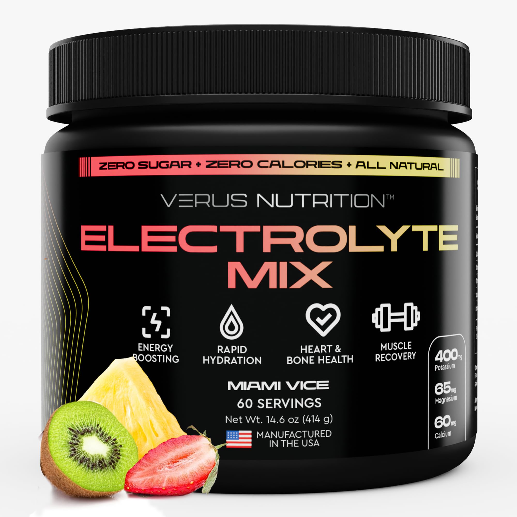 VERUS NUTRITION Electrolytes Poudre montrant le flacon et l'emballage, hydratation sans sucre.