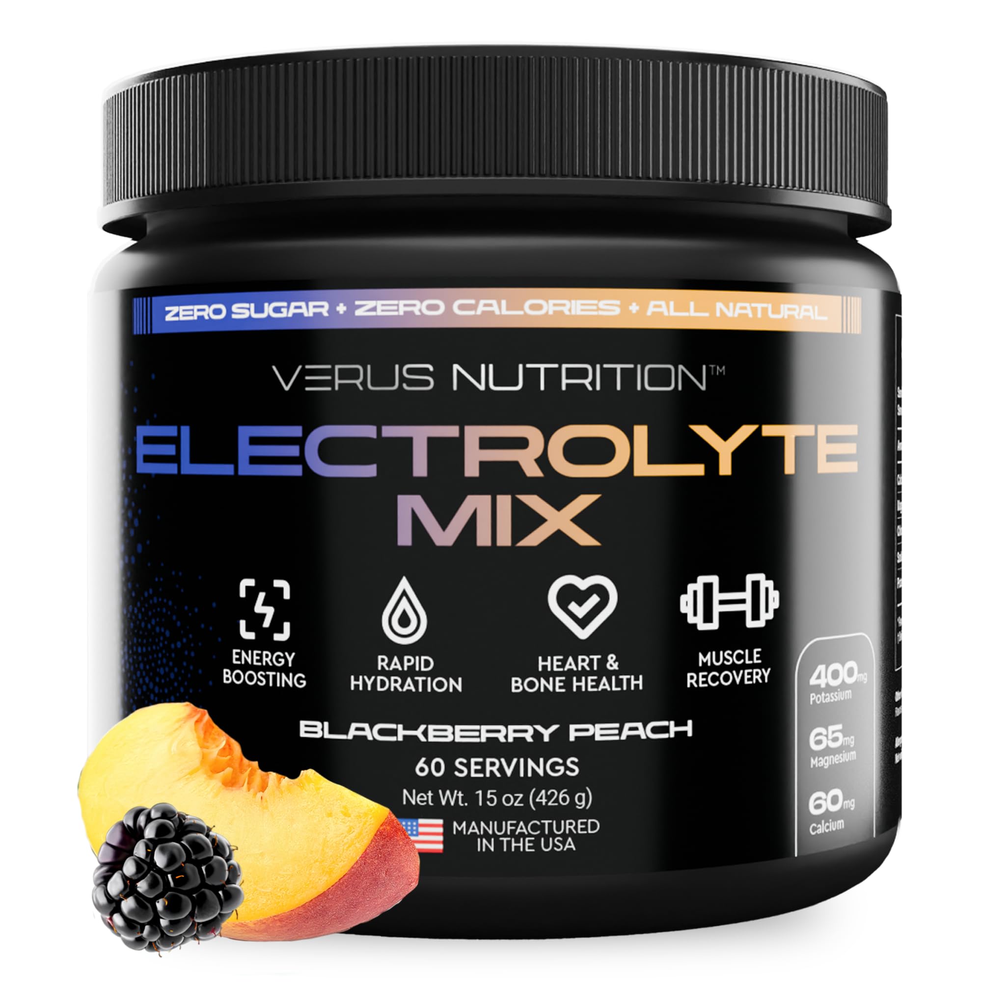 VERUS NUTRITION Électrolytes en poudre arôme mûre et pêche, hydratation rafraîchissante sans sucre.