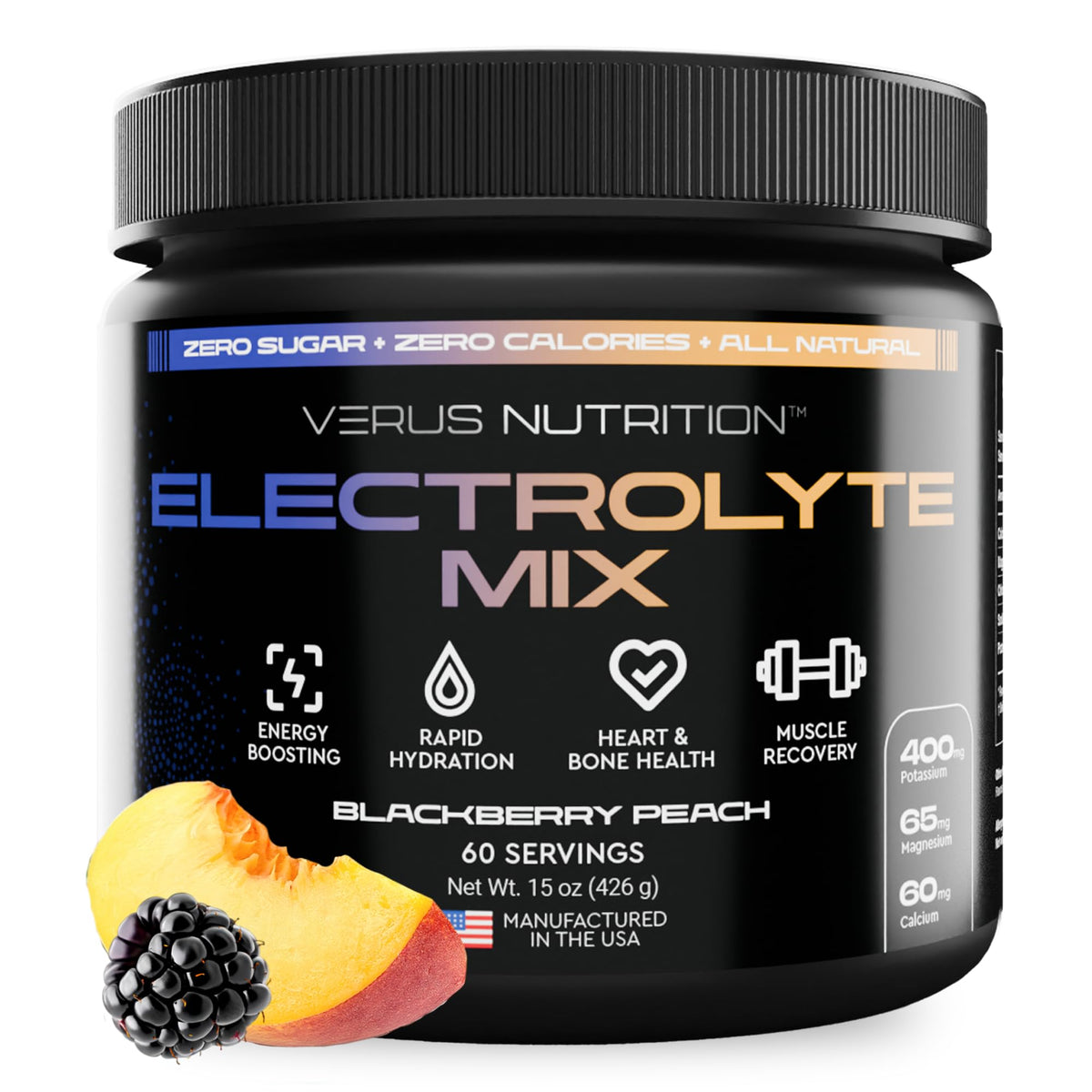 VERUS NUTRITION Électrolytes en poudre arôme mûre et pêche, hydratation rafraîchissante sans sucre.