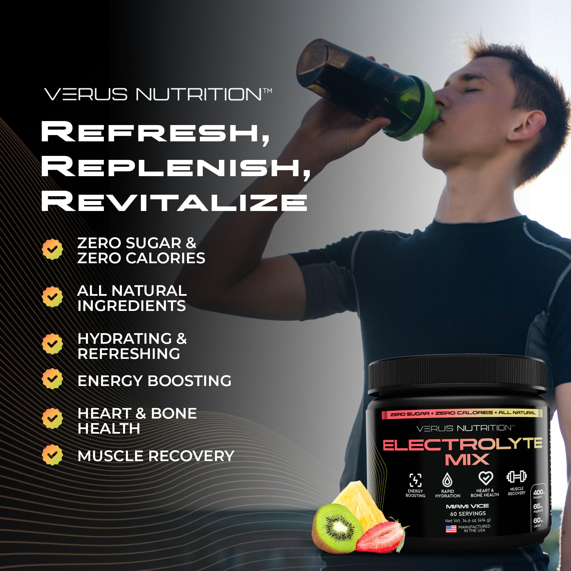 VERUS NUTRITION Electrolytes Poudre, bouchon et emballage, transport pratique.