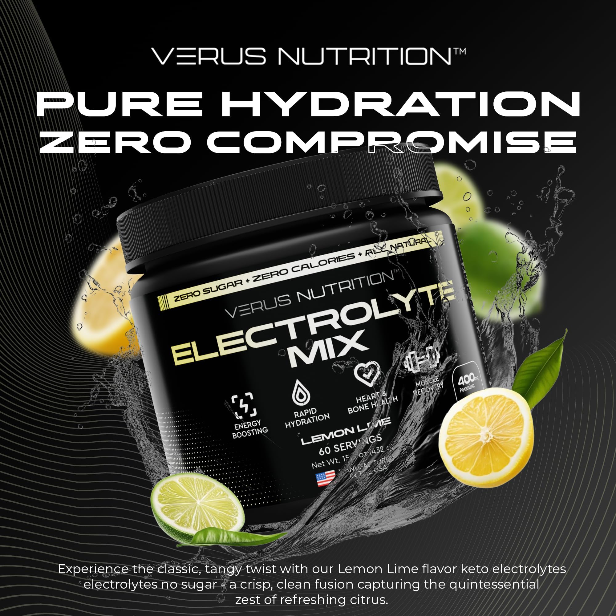 VERUS NUTRITION Poudre Électrolytes Sans Sucre — Versement dans l’eau pour une boisson rafraîchissante.