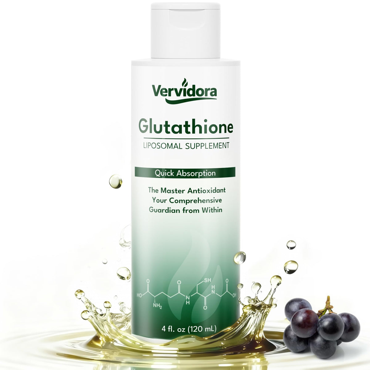 Bouteille Vervidora Liposomal Glutathione prête pour detox et soins de la peau.