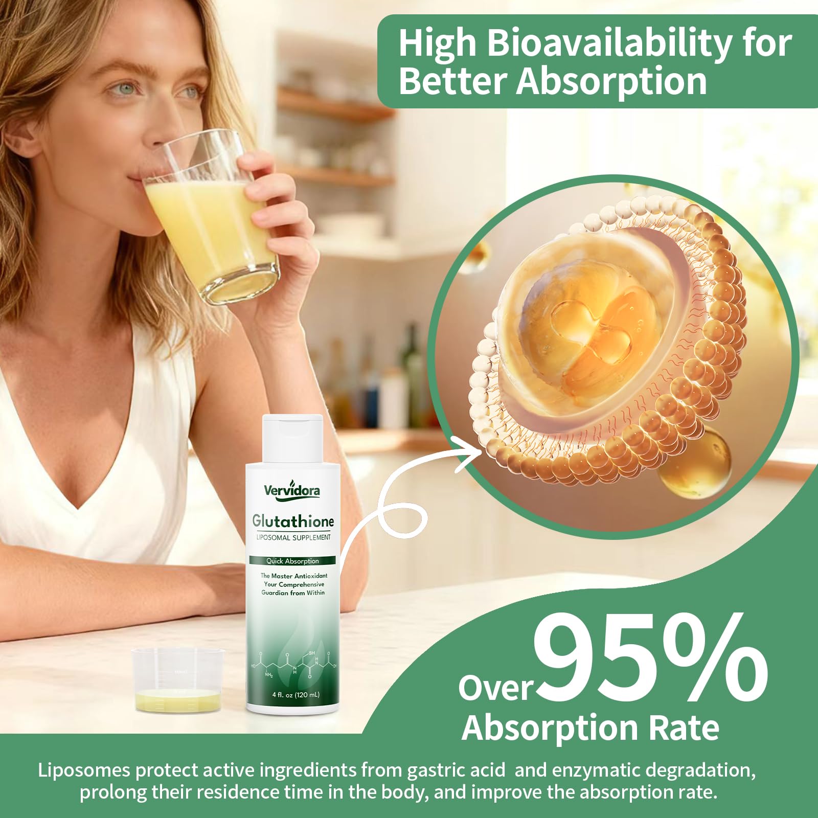 Routine quotidienne avec Vervidora Liposomal Glutathione pour soutien potentiel de l’immunité.