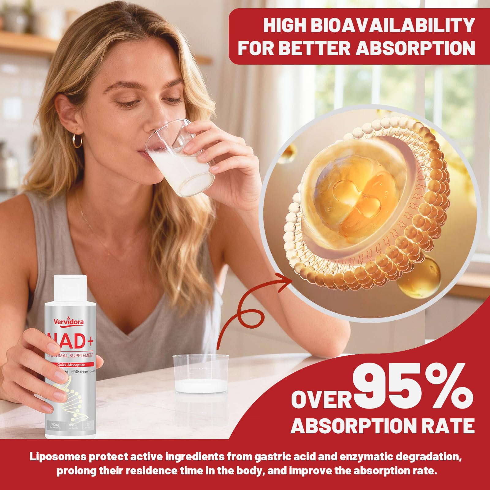 Vervidora NAD+ dans un verre, boisson orange prête à consommer