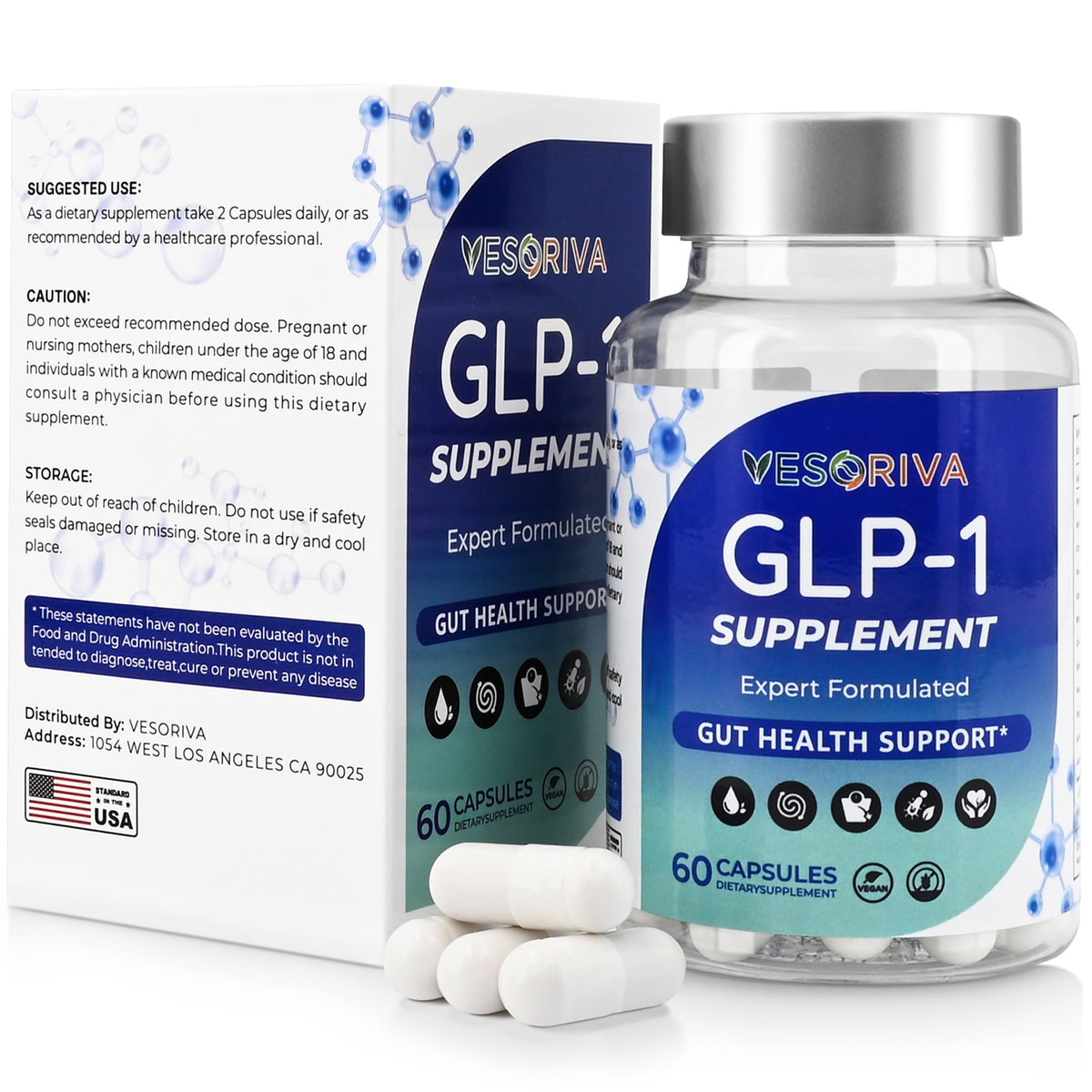 Vesoria GLP-1: bouteille et capsules pour une digestion équilibrée au quotidien.