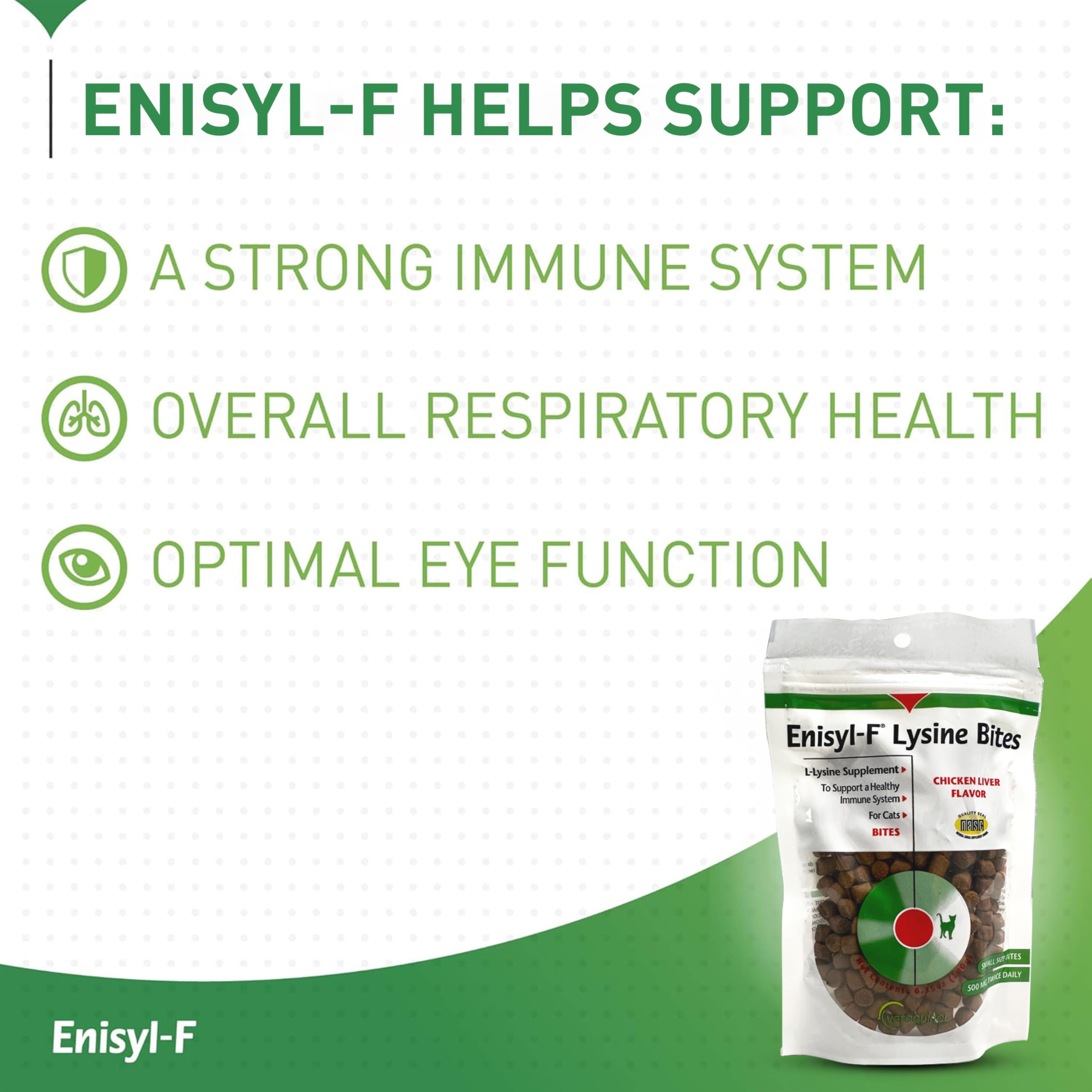 Vetoquinol Enisyl-F Lysine Bites dose quotidienne claire pour chats et chatons.
