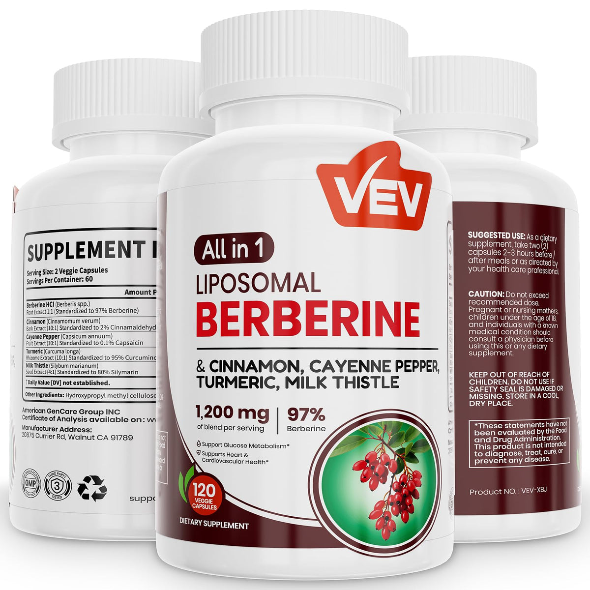 VEV Berberine en bouteille, emballage élégant pour usage quotidien.