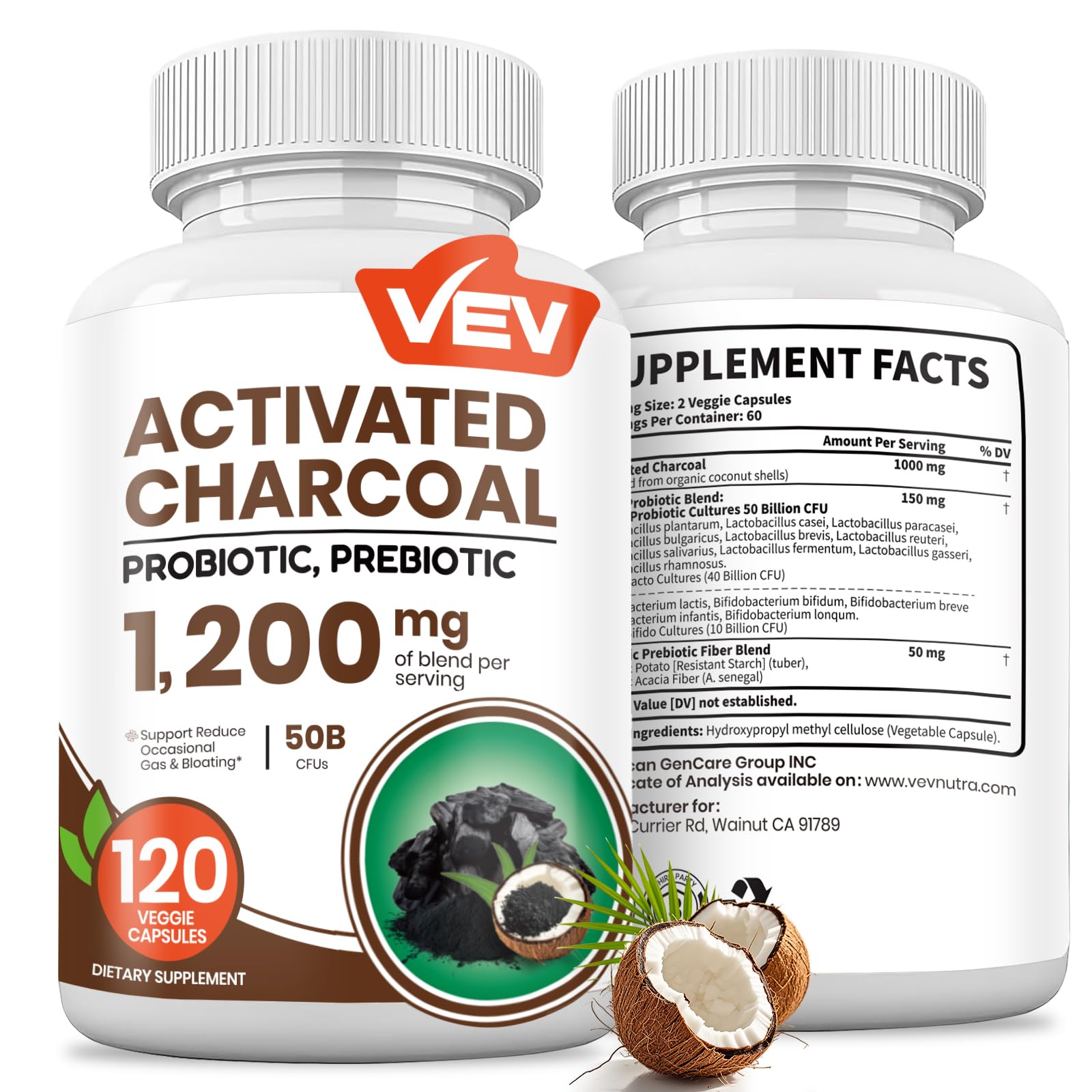 VEV Charbon actif bio et coco avec emballage élégant potentiel soutien digestif