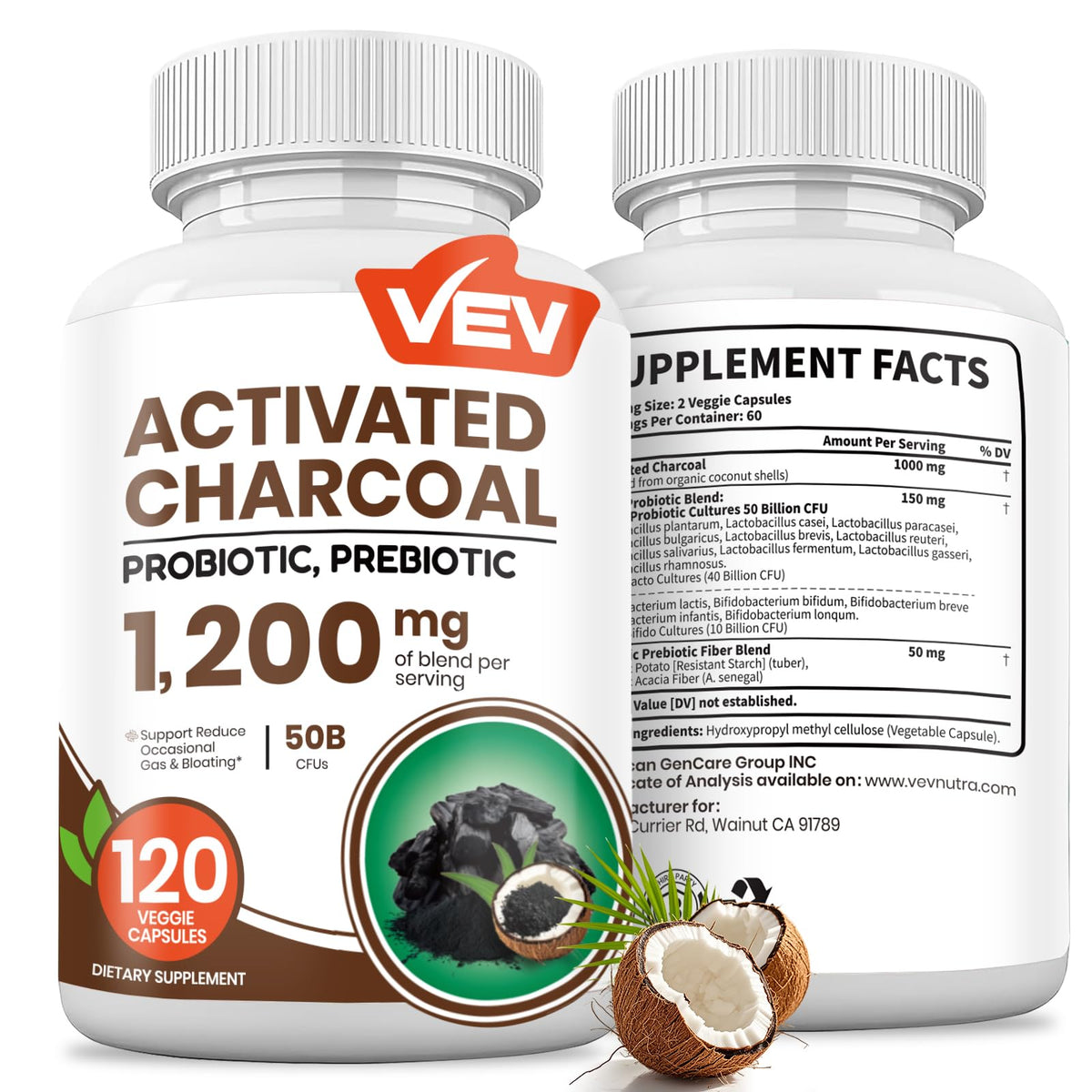 VEV Charbon actif bio et coco avec emballage élégant potentiel soutien digestif