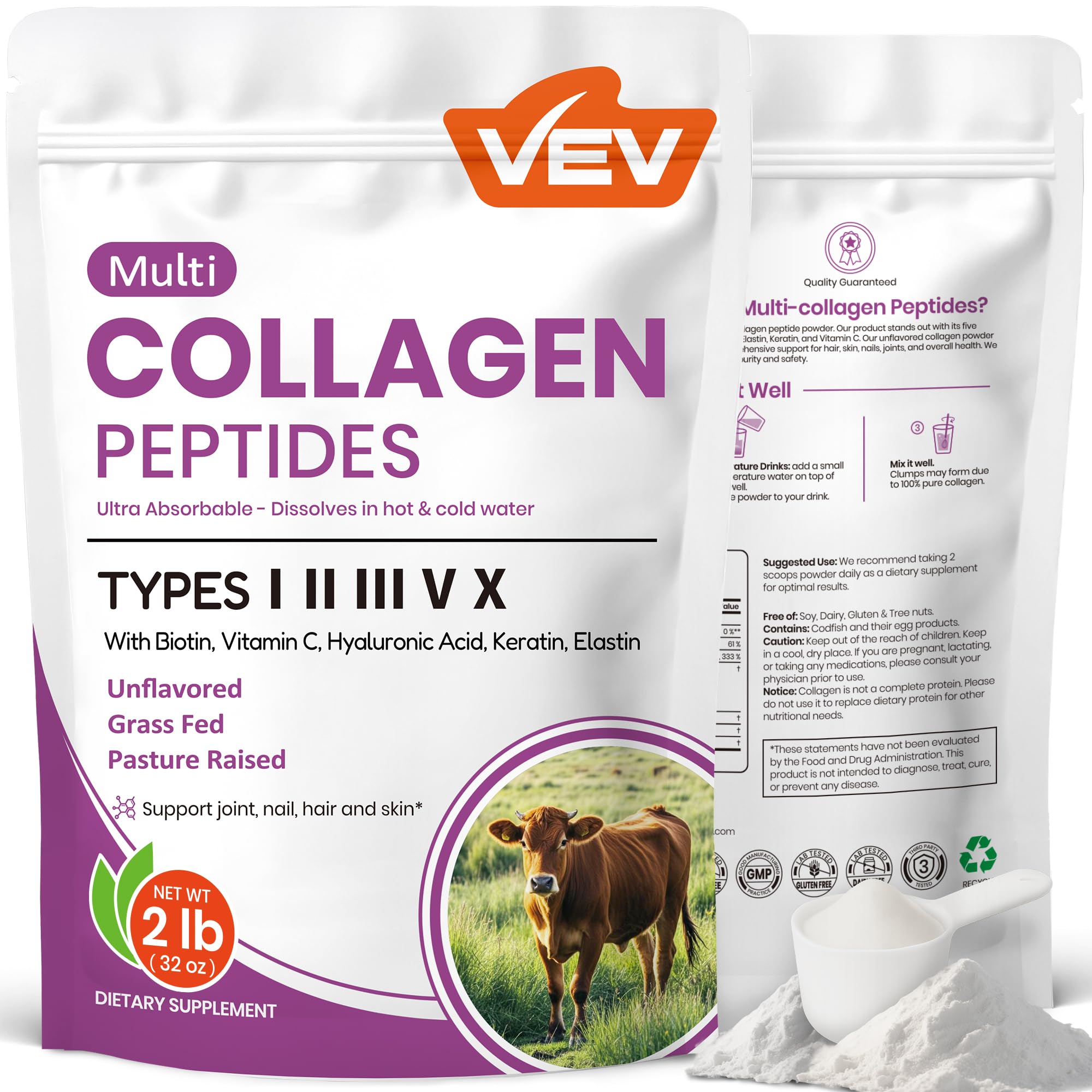 VEV Multi Collagen – bouteille 32 oz, poudre hydrolysée prête à être ajoutée à vos boissons