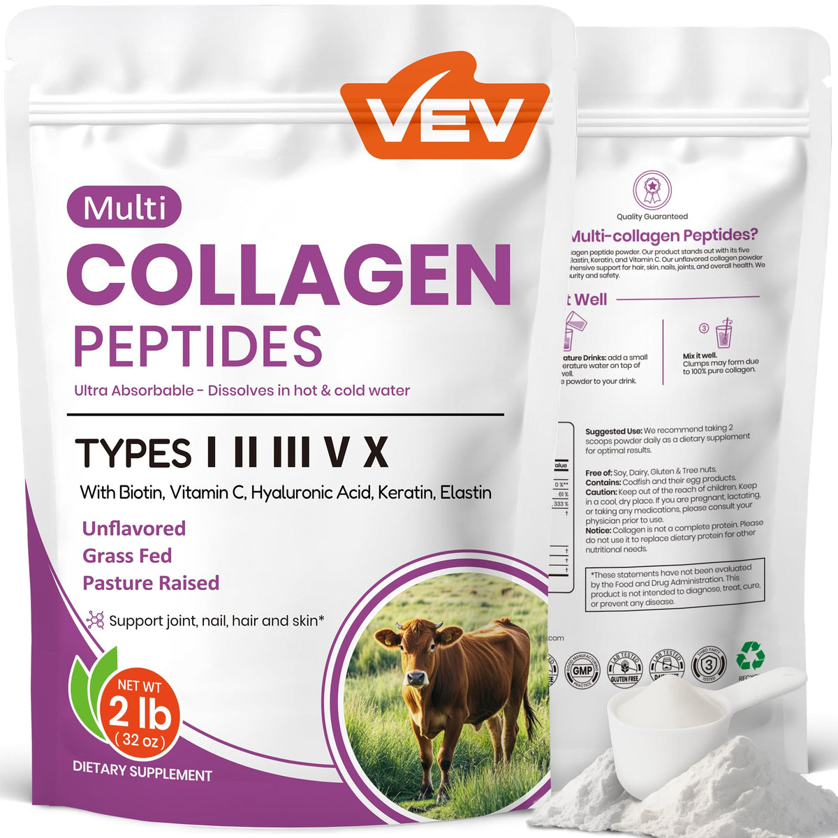 VEV Multi Collagen – bouteille 32 oz, poudre hydrolysée prête à être ajoutée à vos boissons