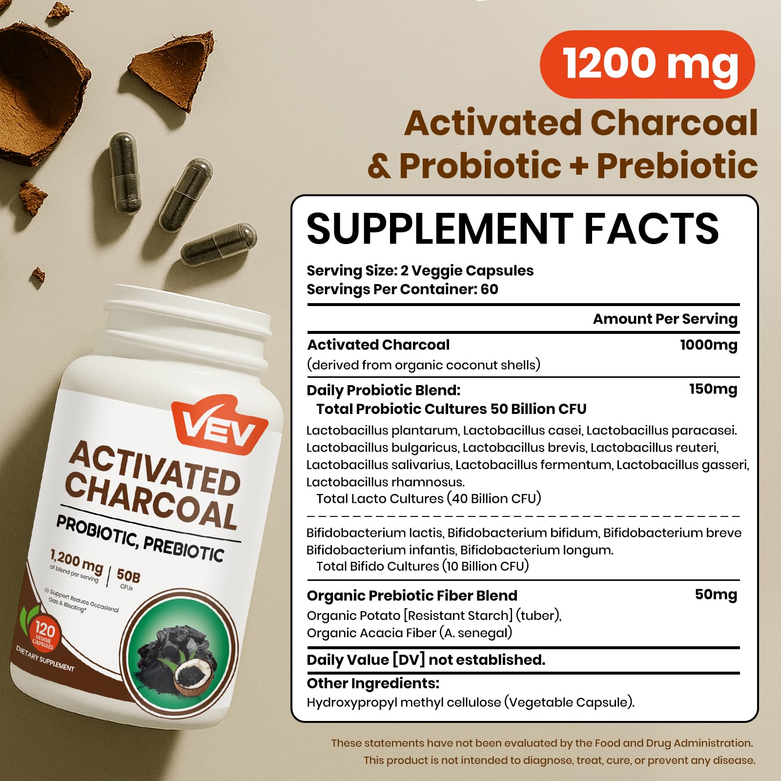 VEV Probiotiques 50 milliards capsules véganes pour équilibre intestinal potentiel