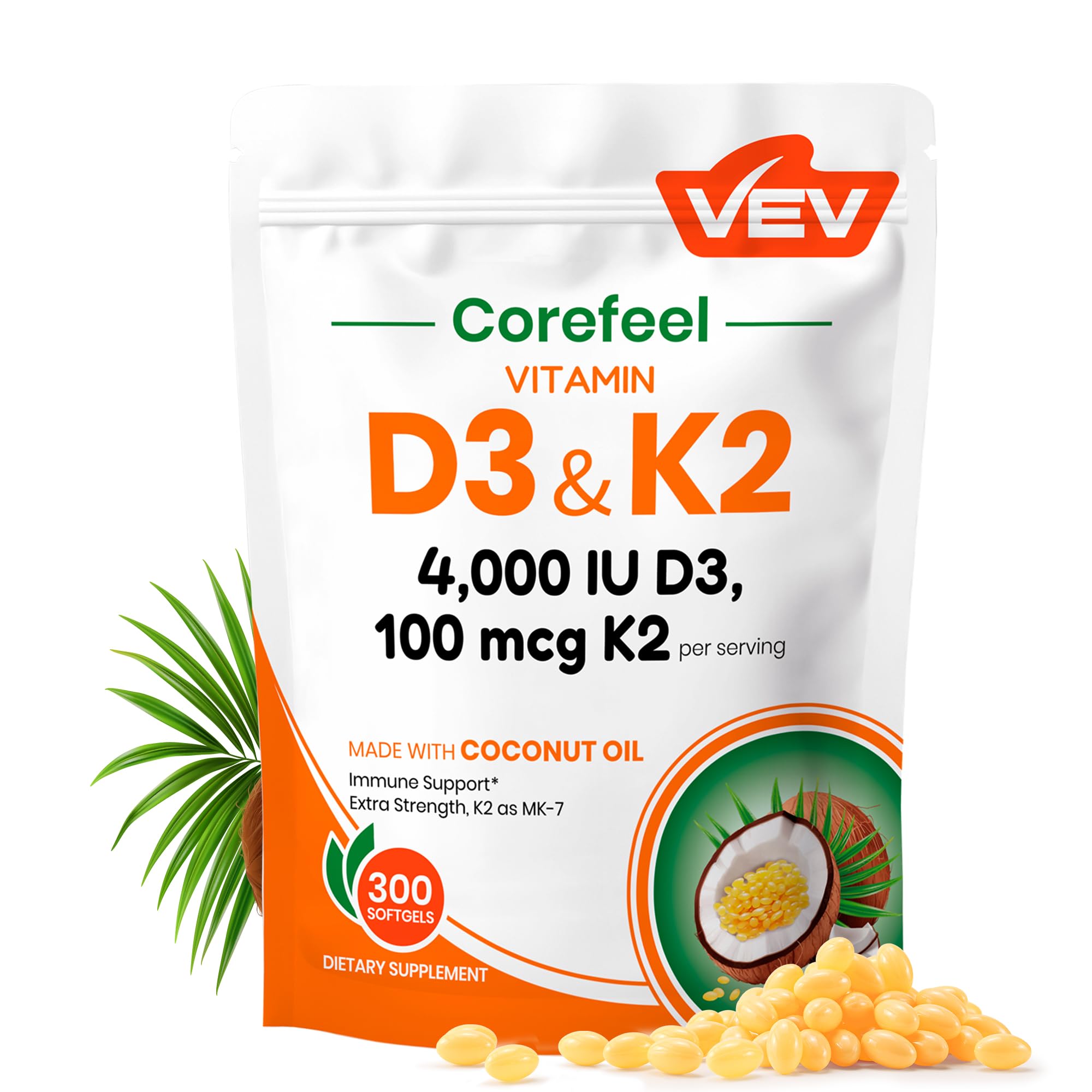 VEV vitamine D3 K2 4000IU, bouteille visible, soutien quotidien des os et du métabolisme