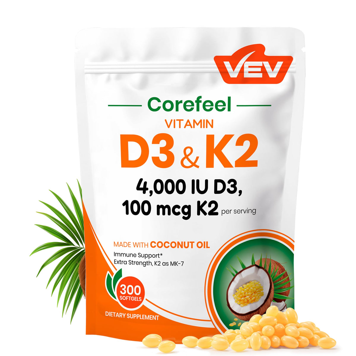 VEV vitamine D3 K2 4000IU, bouteille visible, soutien quotidien des os et du métabolisme