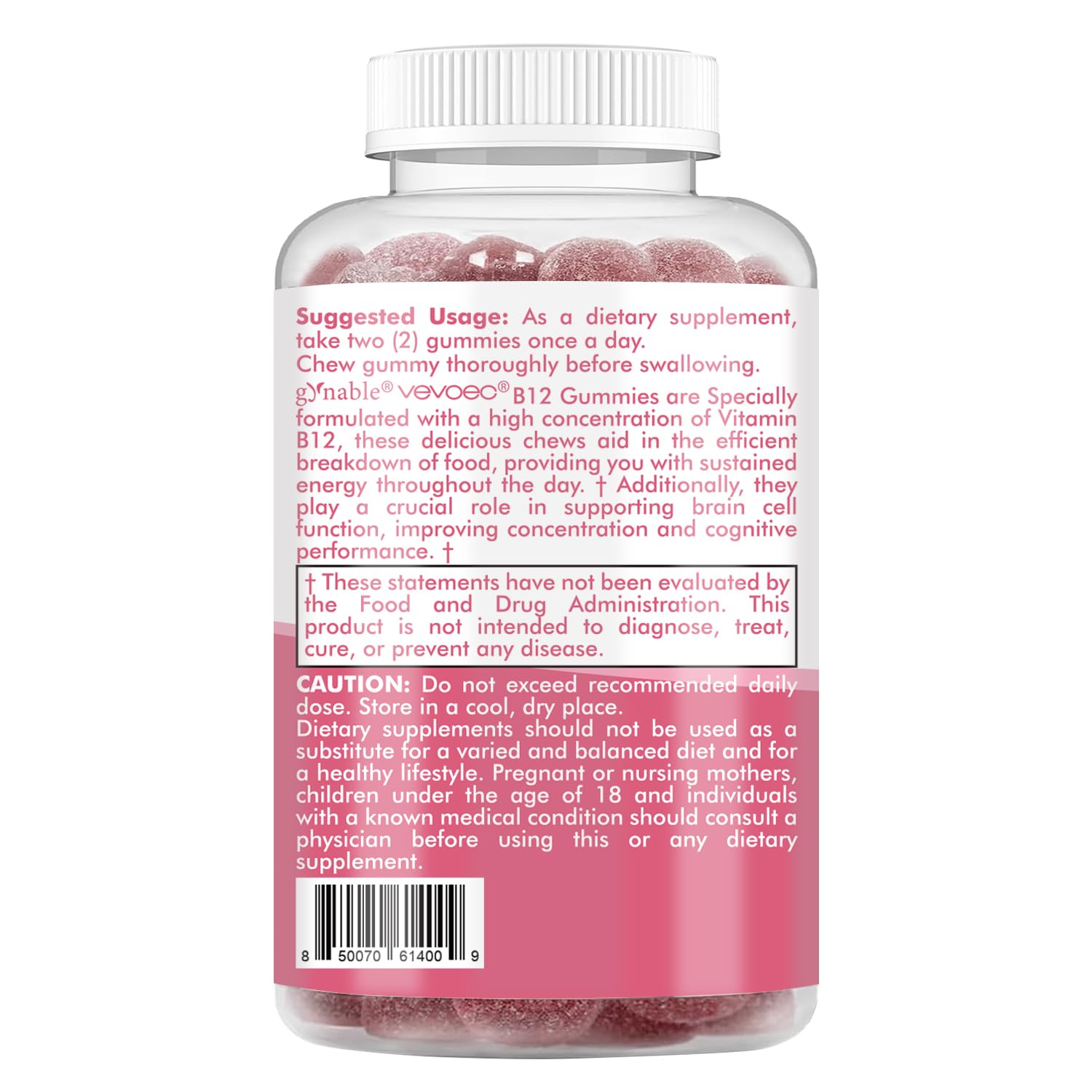 Emballage Vevoec B12: option végan sans gélatine et sans gluten.