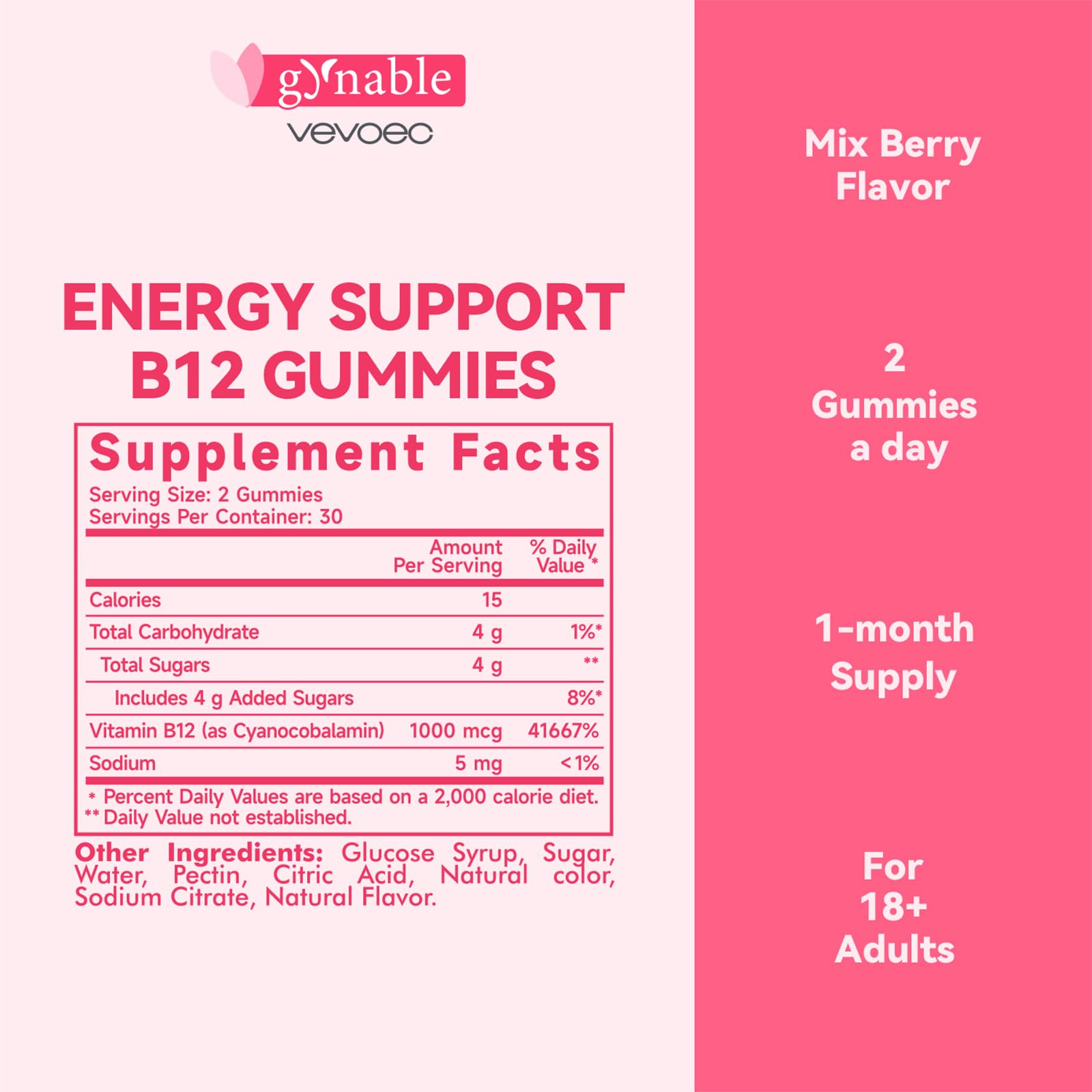 Vevoec Gommes B12 : étiquette et saveur fruits mélangés pratiques.