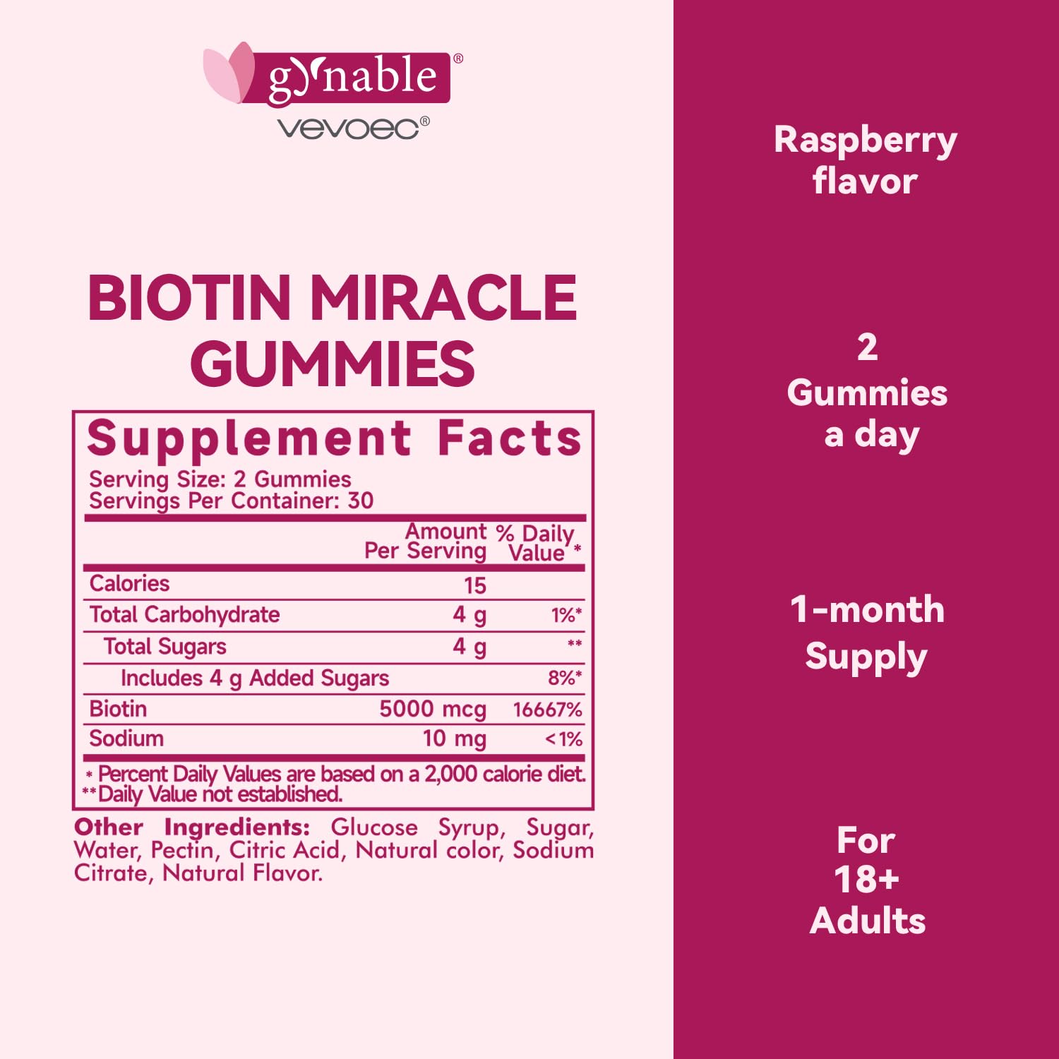 Vevoec Gynable Biotine gommes étiquette: formulation sans allergènes et adaptée aux végétariens.
