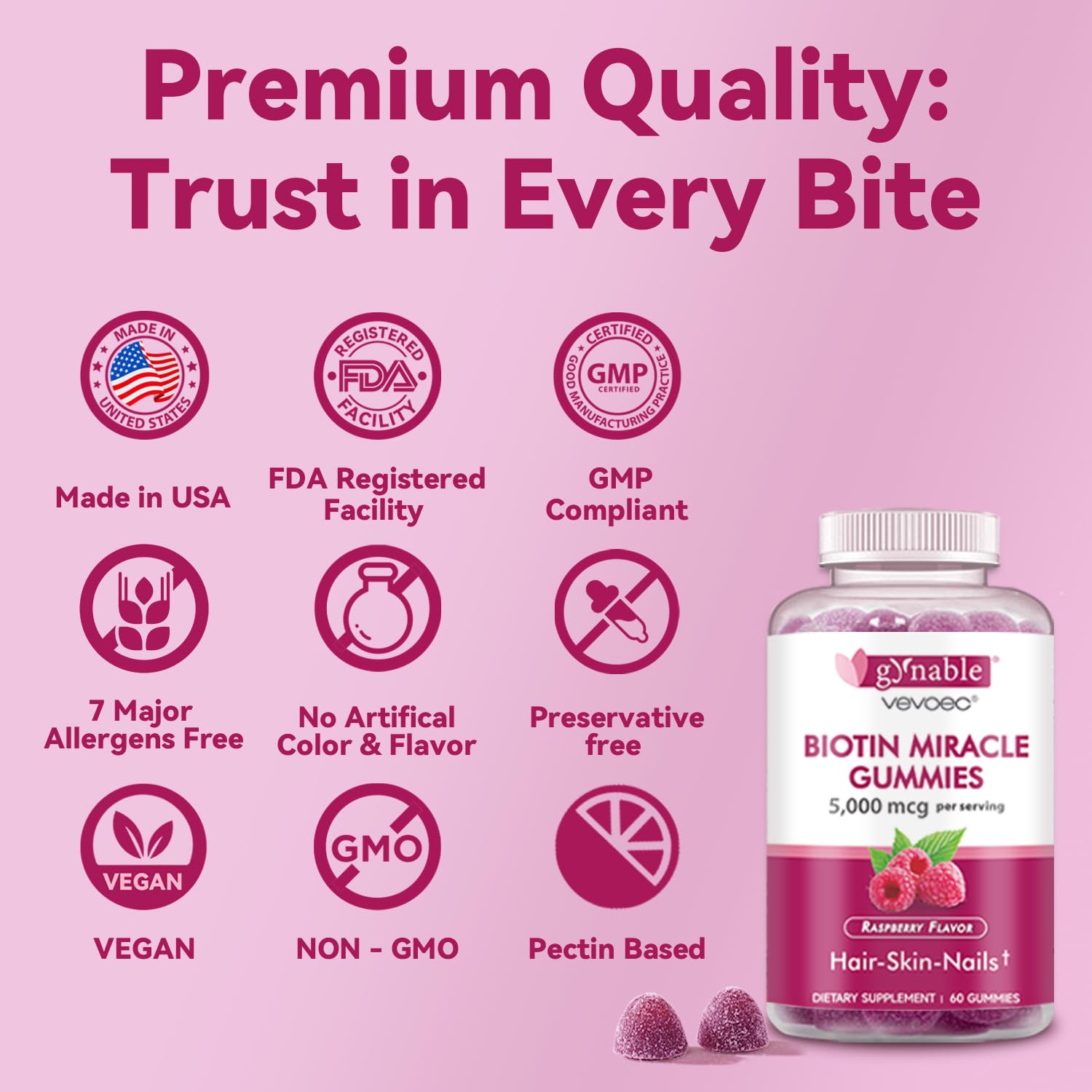 Vevoec Gynable Biotine gommes fiche nutritionnelle: teneur élevée en biotine par portion.