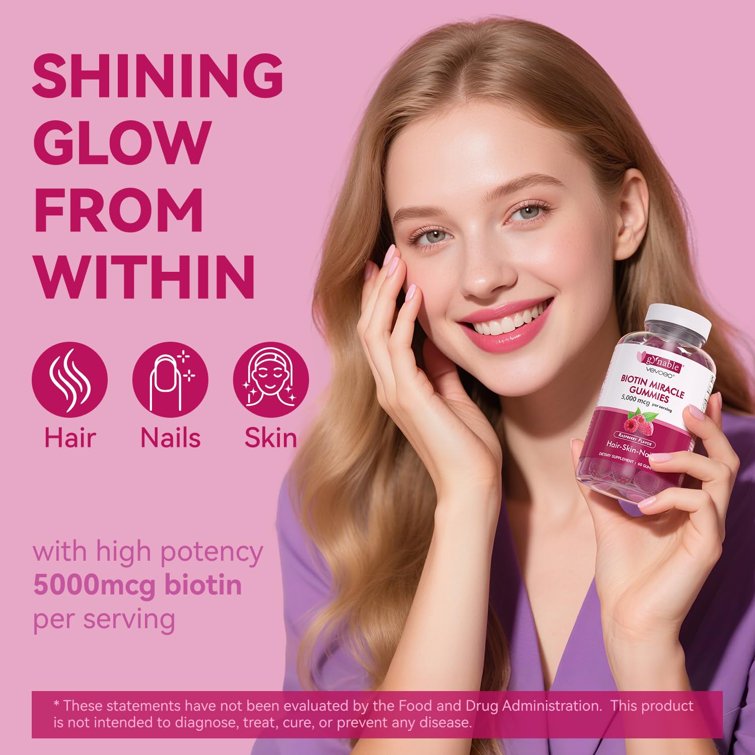 Vevoec Gynable Biotine gommes vue rapprochée: texture douce et arôme framboise naturelle.