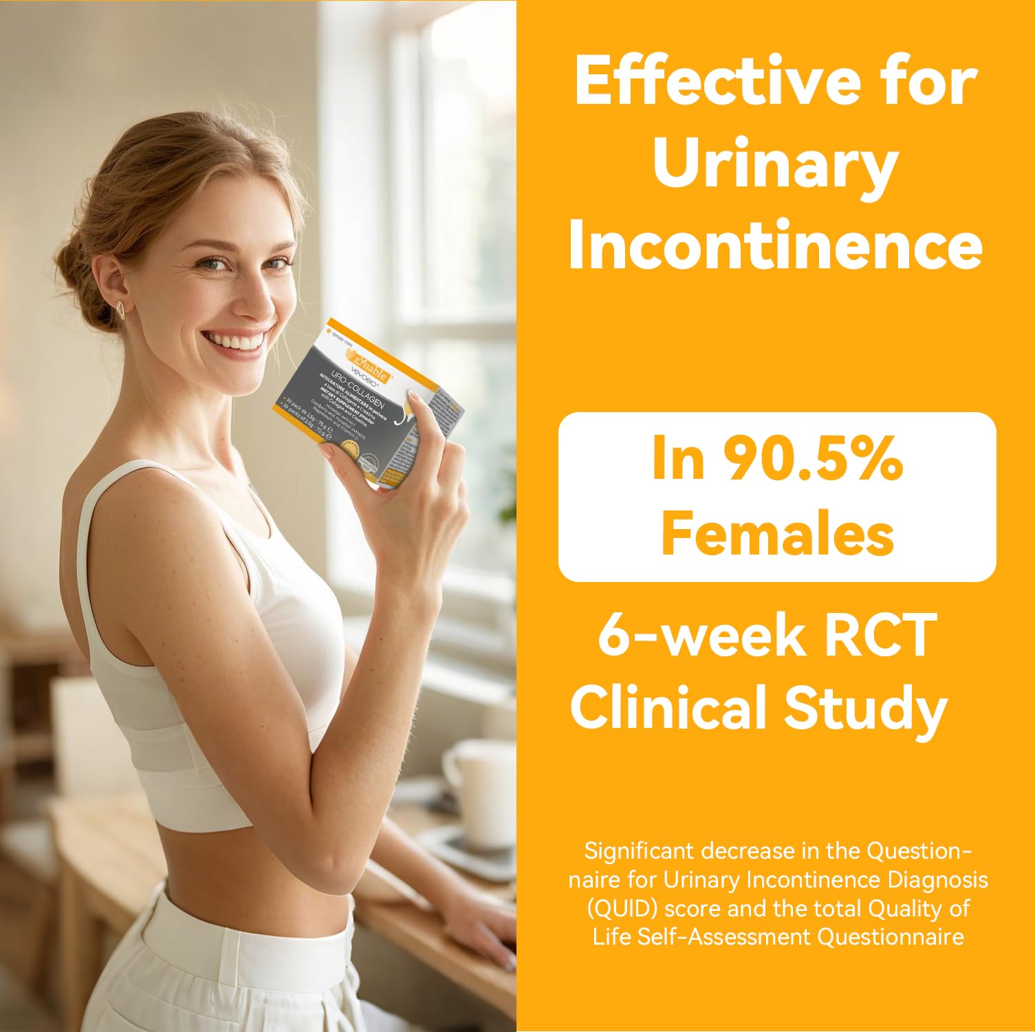 Vevoec Gynable UROCollagen – Tableau ingrédients: aperçu des composants clés pour soutenir le bien-être féminin.